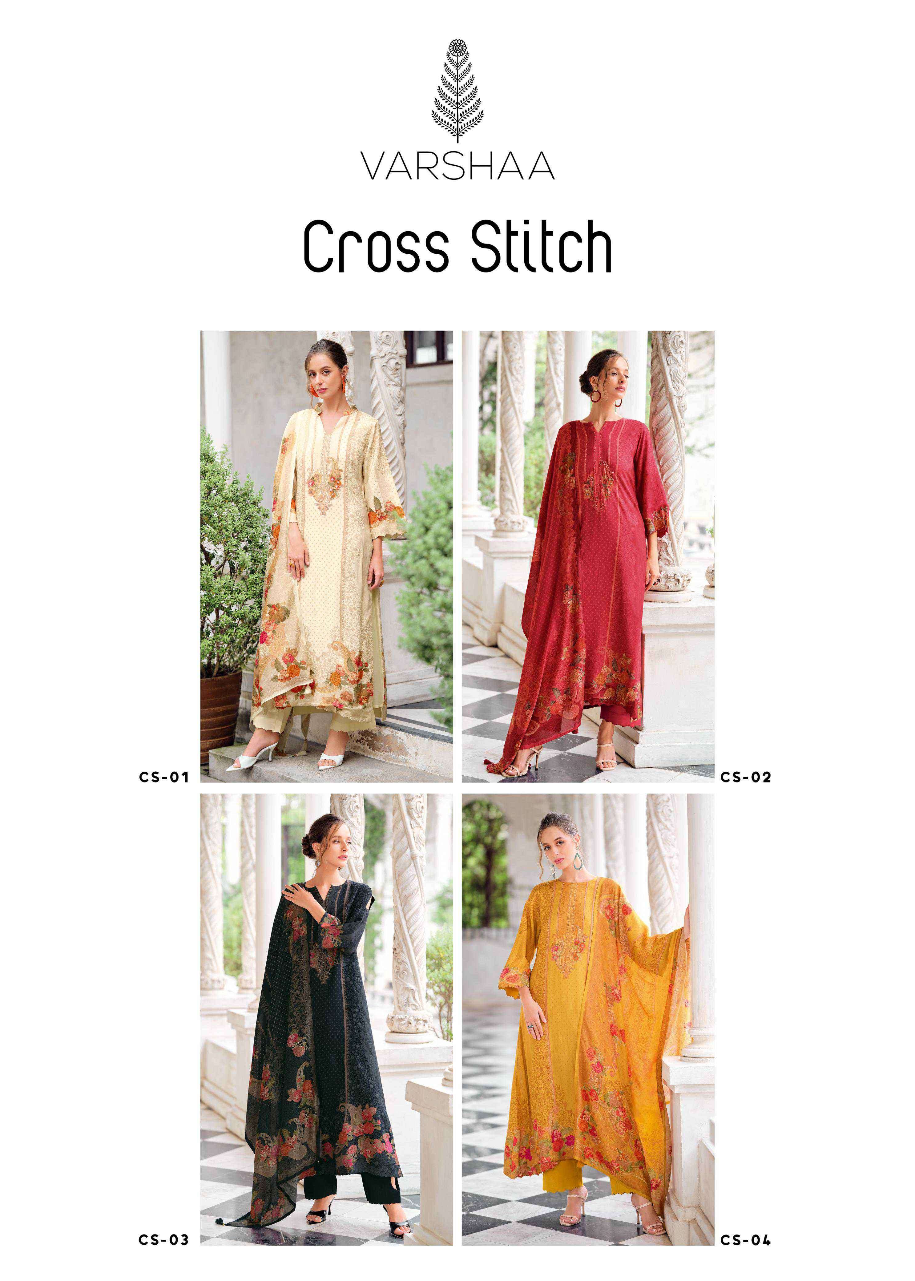 cross stitch by varshaa colors exclusive handwork ruusian silk salwar suits collection 