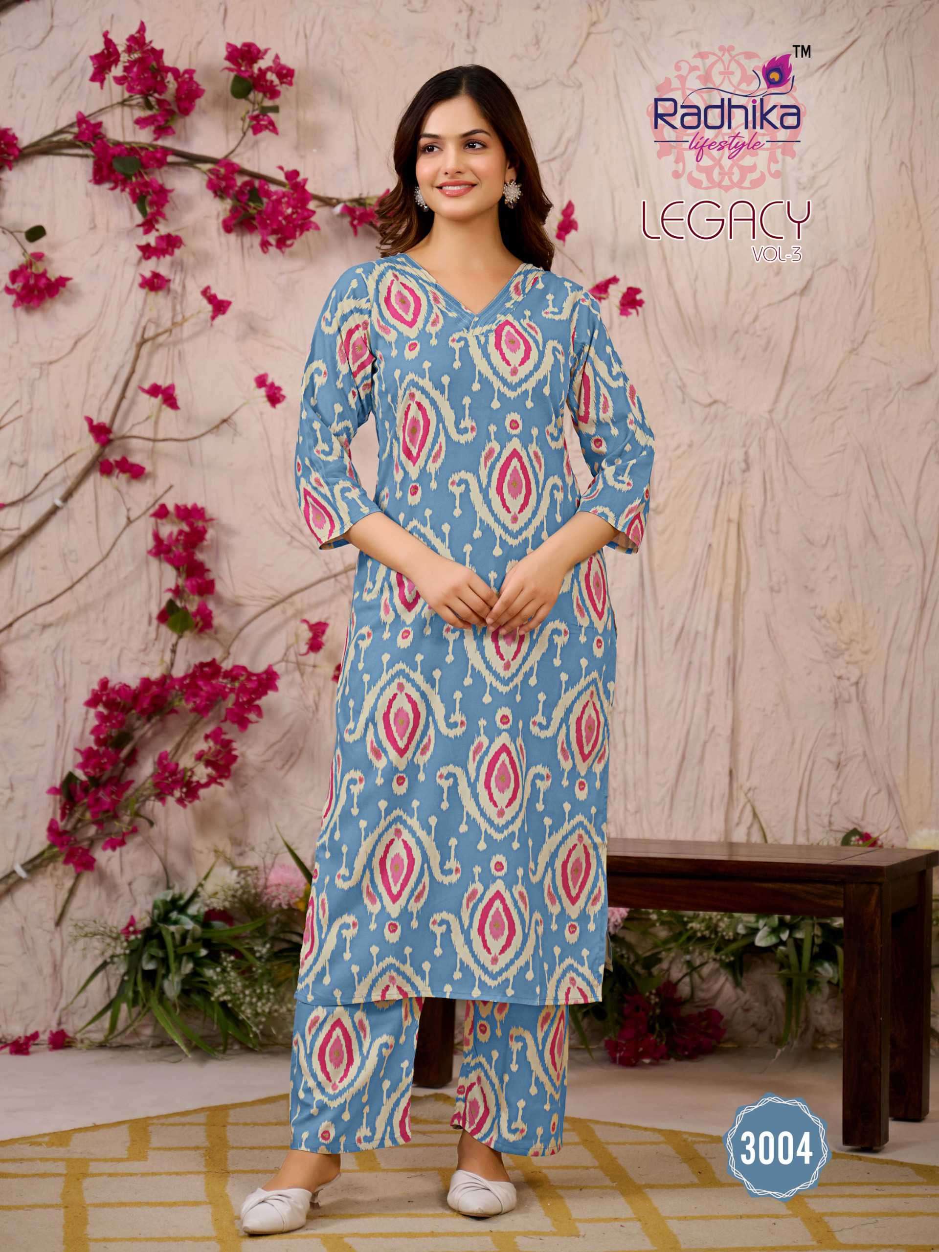 legacy vol 3 by radhika lifestyle 3001-3006 series exclusive rayon printed summer daily wear readymade cord set online surat