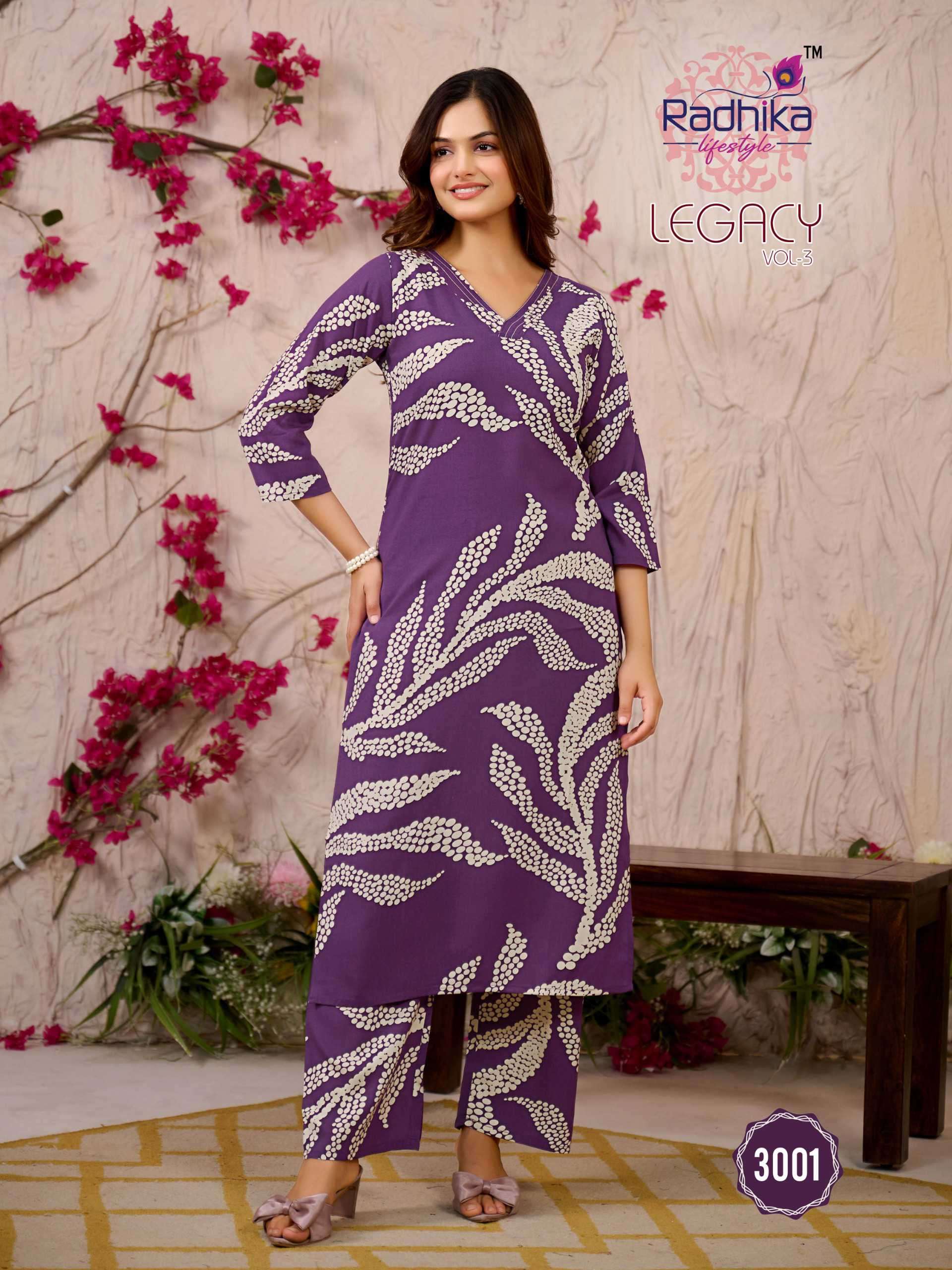 legacy vol 3 by radhika lifestyle 3001-3006 series exclusive rayon printed summer daily wear readymade cord set online surat