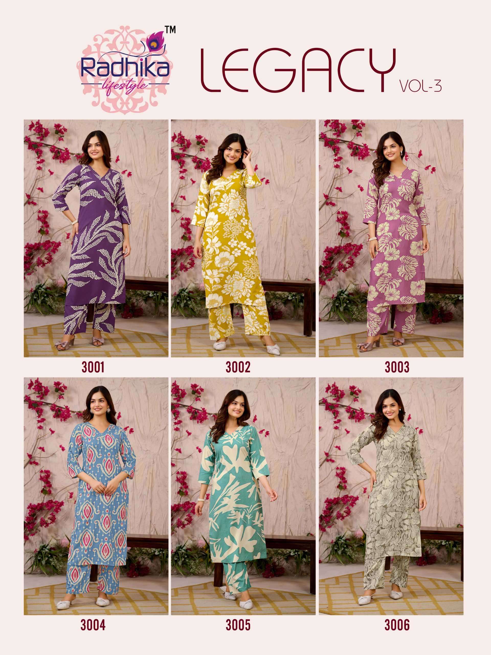 legacy vol 3 by radhika lifestyle 3001-3006 series exclusive rayon printed summer daily wear readymade cord set online surat