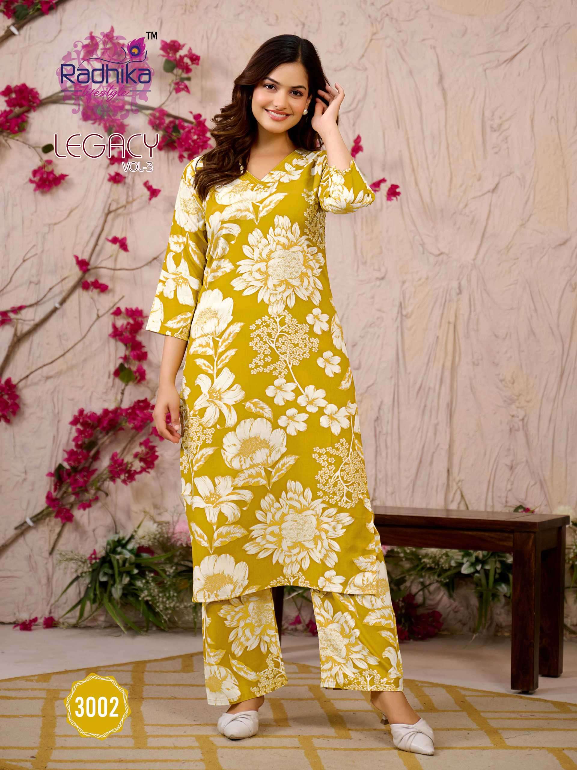 legacy vol 3 by radhika lifestyle 3001-3006 series exclusive rayon printed summer daily wear readymade cord set online surat