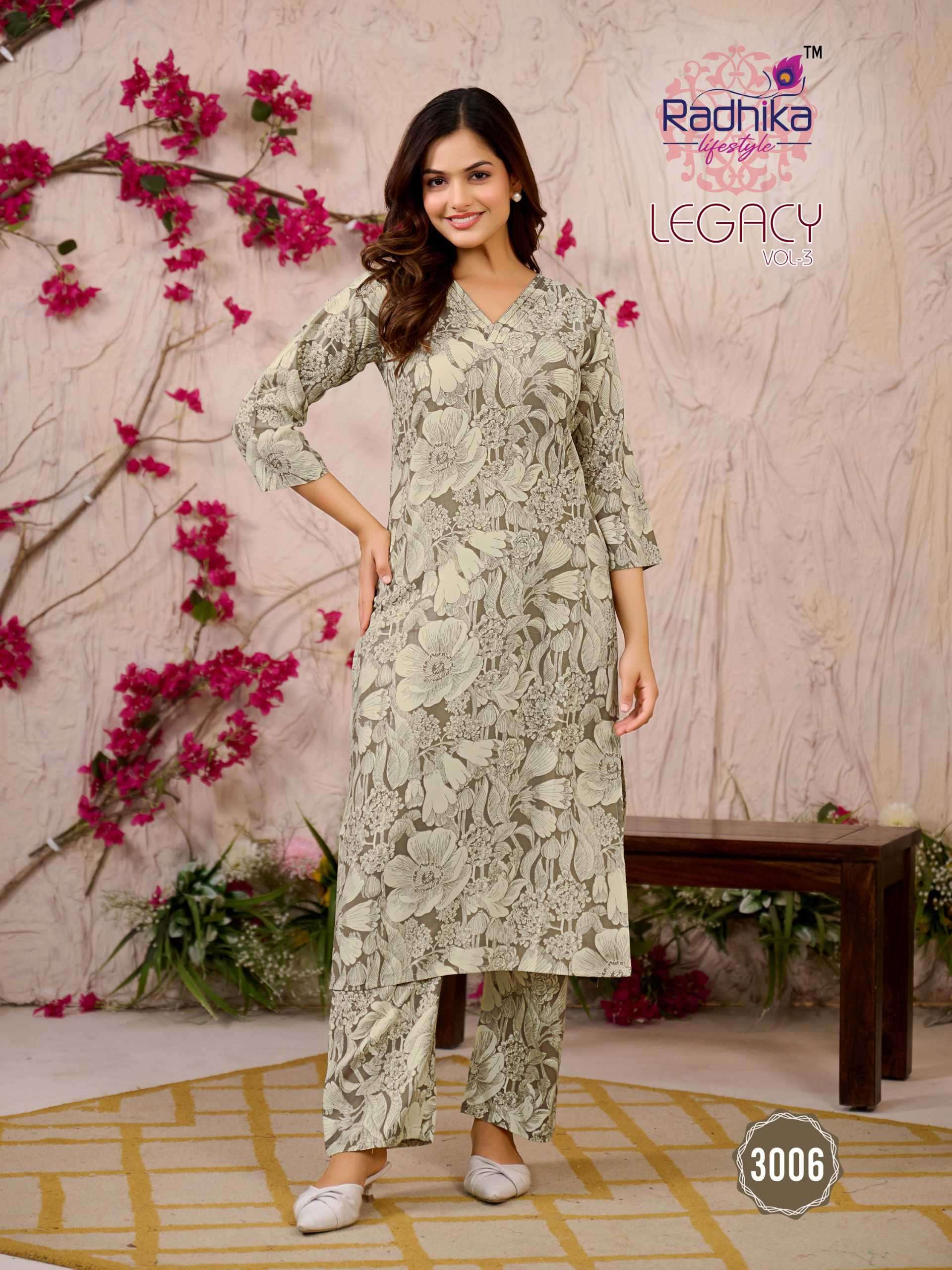 legacy vol 3 by radhika lifestyle 3001-3006 series exclusive rayon printed summer daily wear readymade cord set online surat