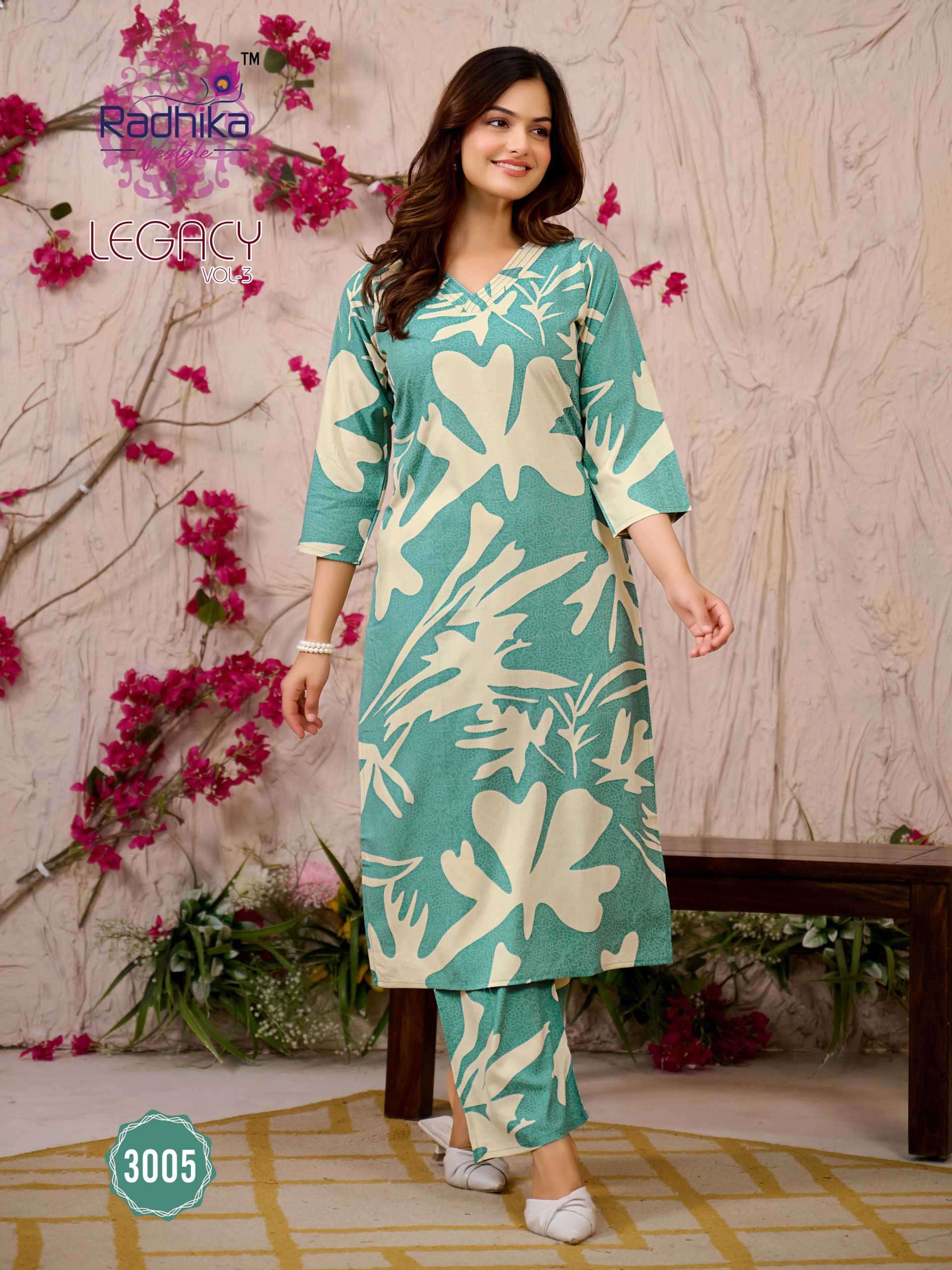 legacy vol 3 by radhika lifestyle 3001-3006 series exclusive rayon printed summer daily wear readymade cord set online surat