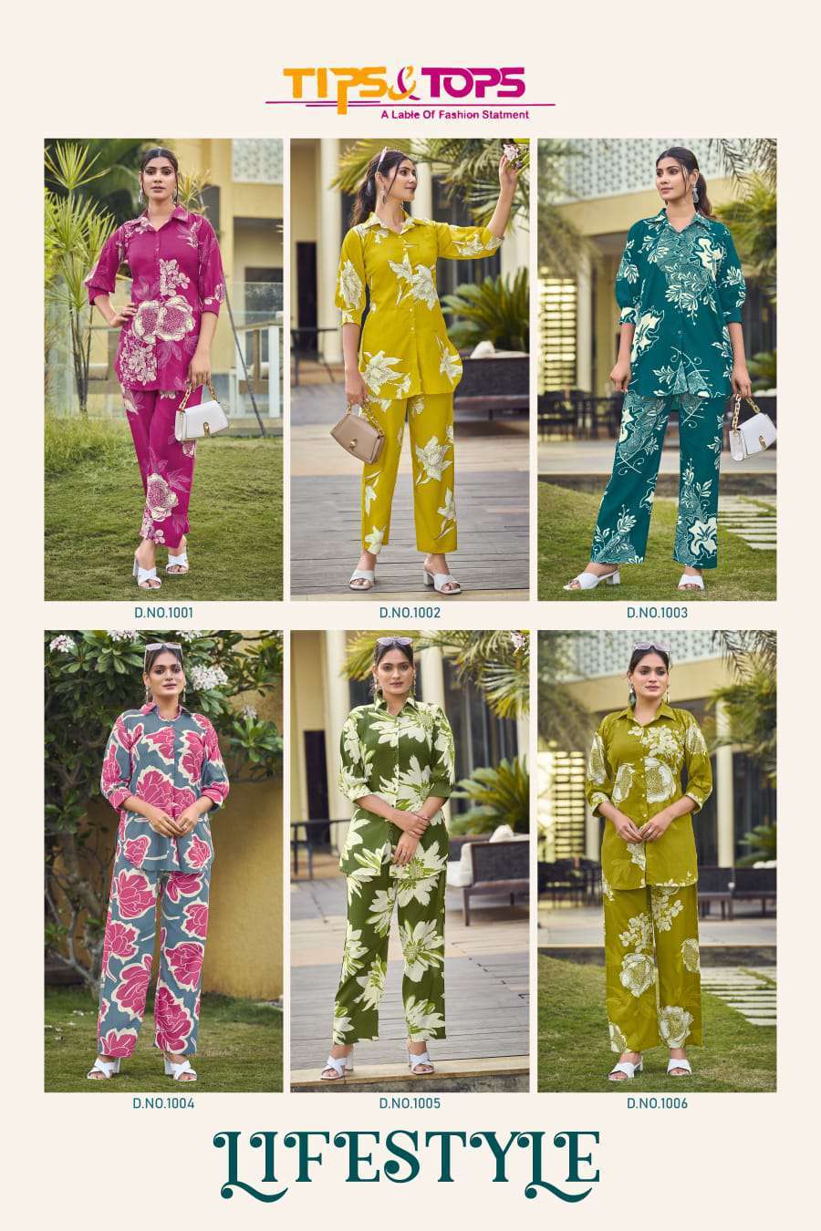 lifestyle by tips&tops 1001-1006 series designer summer wear readymade cord set collection buy online surat