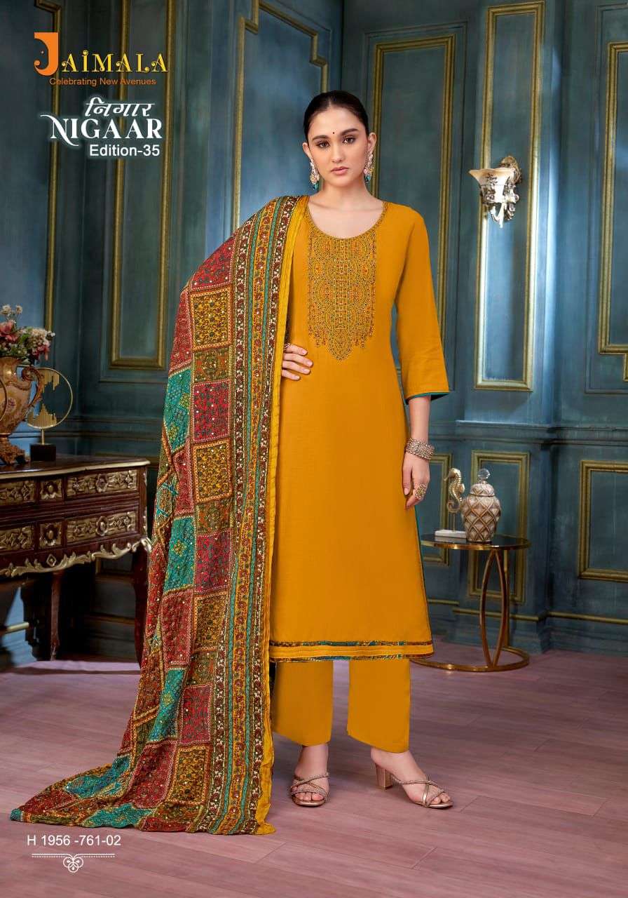 nigaar vol-35 by jaimala colors exclusive designer rayon salwar suits supplier surat