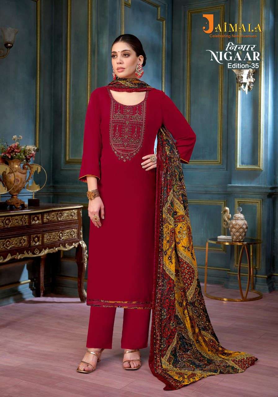 nigaar vol-35 by jaimala colors exclusive designer rayon salwar suits supplier surat