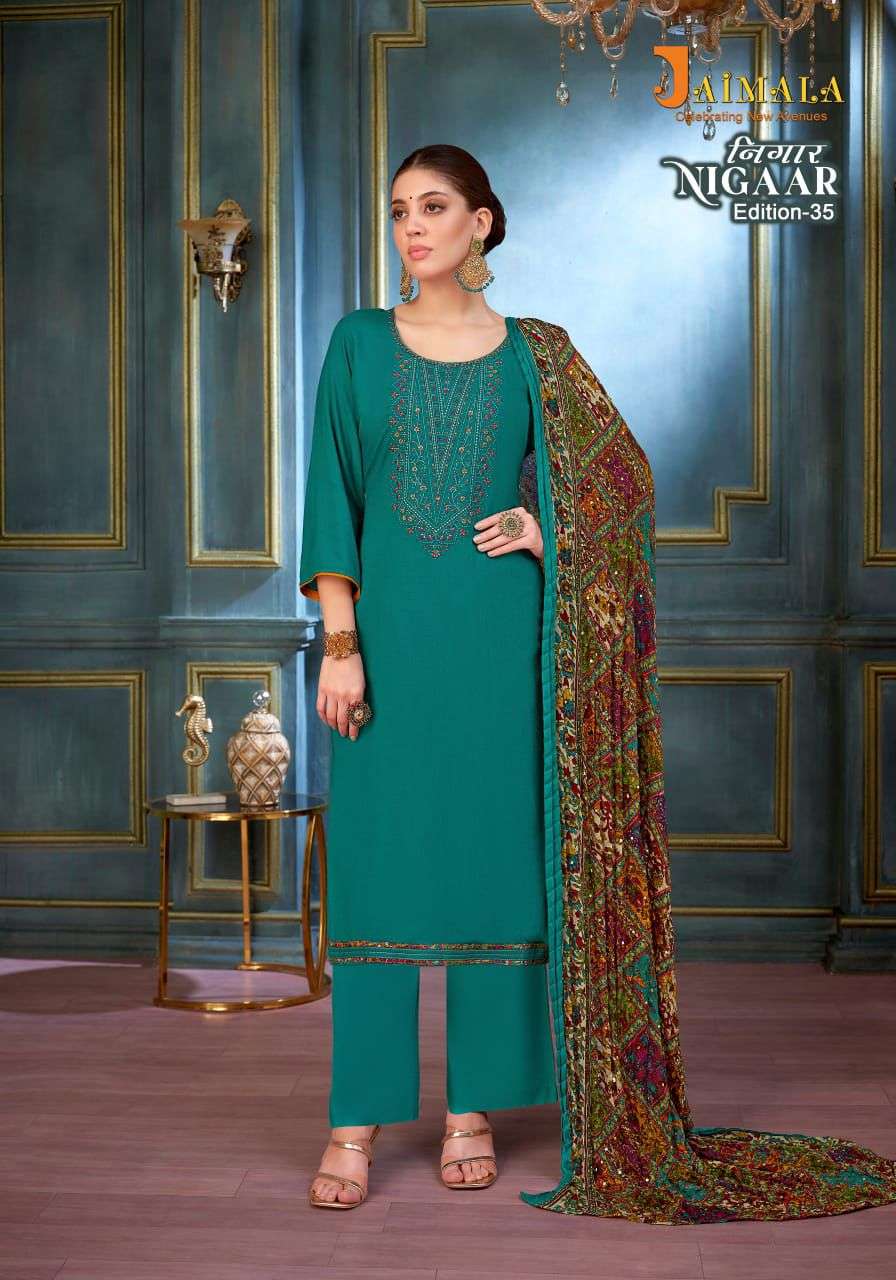 nigaar vol-35 by jaimala colors exclusive designer rayon salwar suits supplier surat