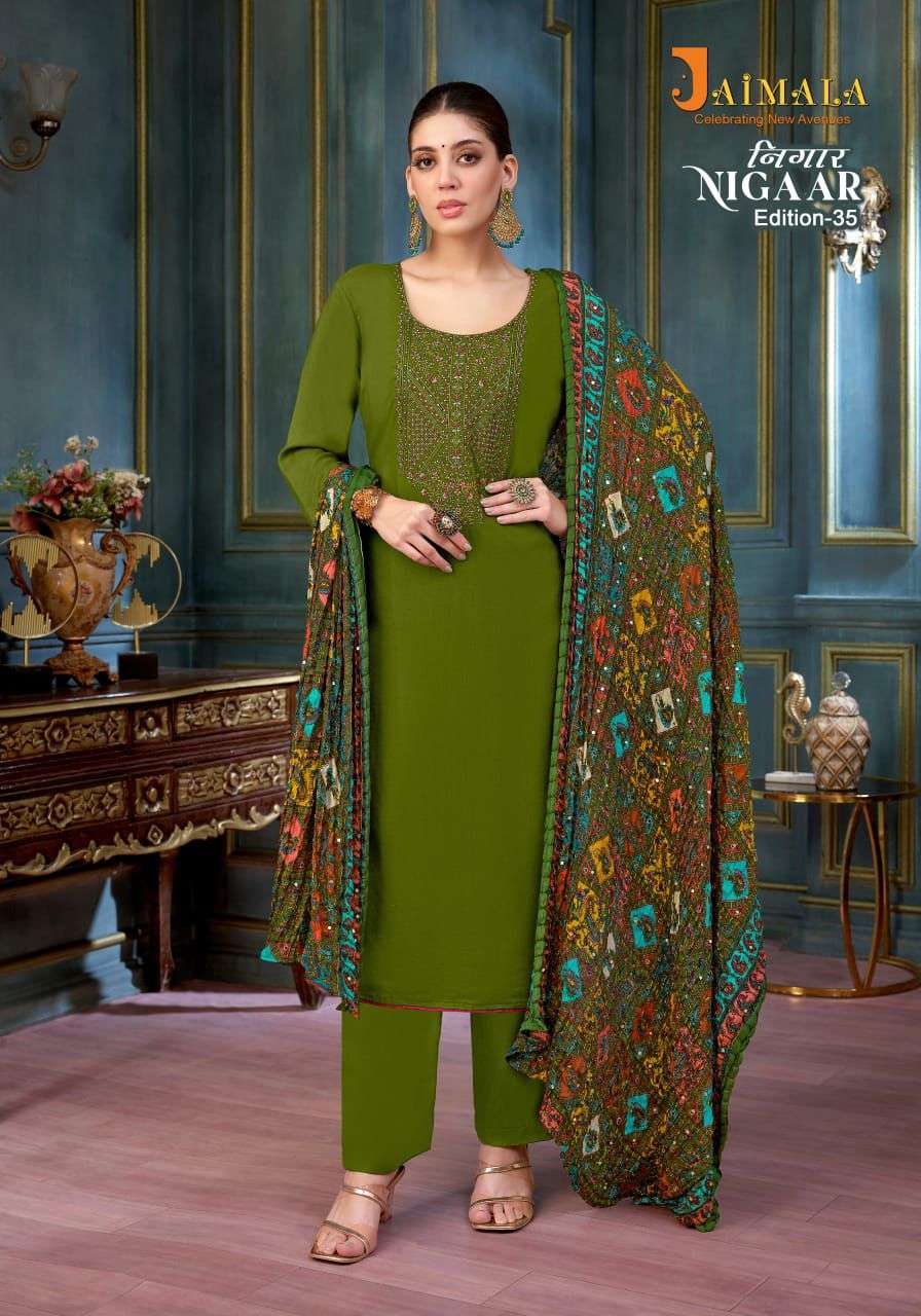 nigaar vol-35 by jaimala colors exclusive designer rayon salwar suits supplier surat