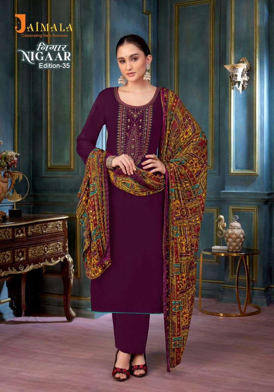 nigaar vol-35 by jaimala colors exclusive designer rayon salwar suits supplier surat