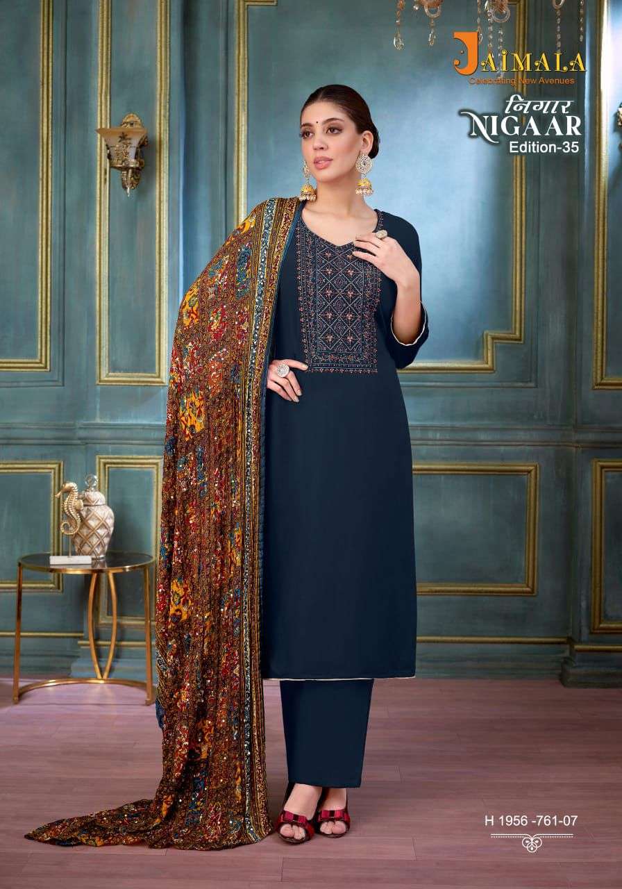 nigaar vol-35 by jaimala colors exclusive designer rayon salwar suits supplier surat