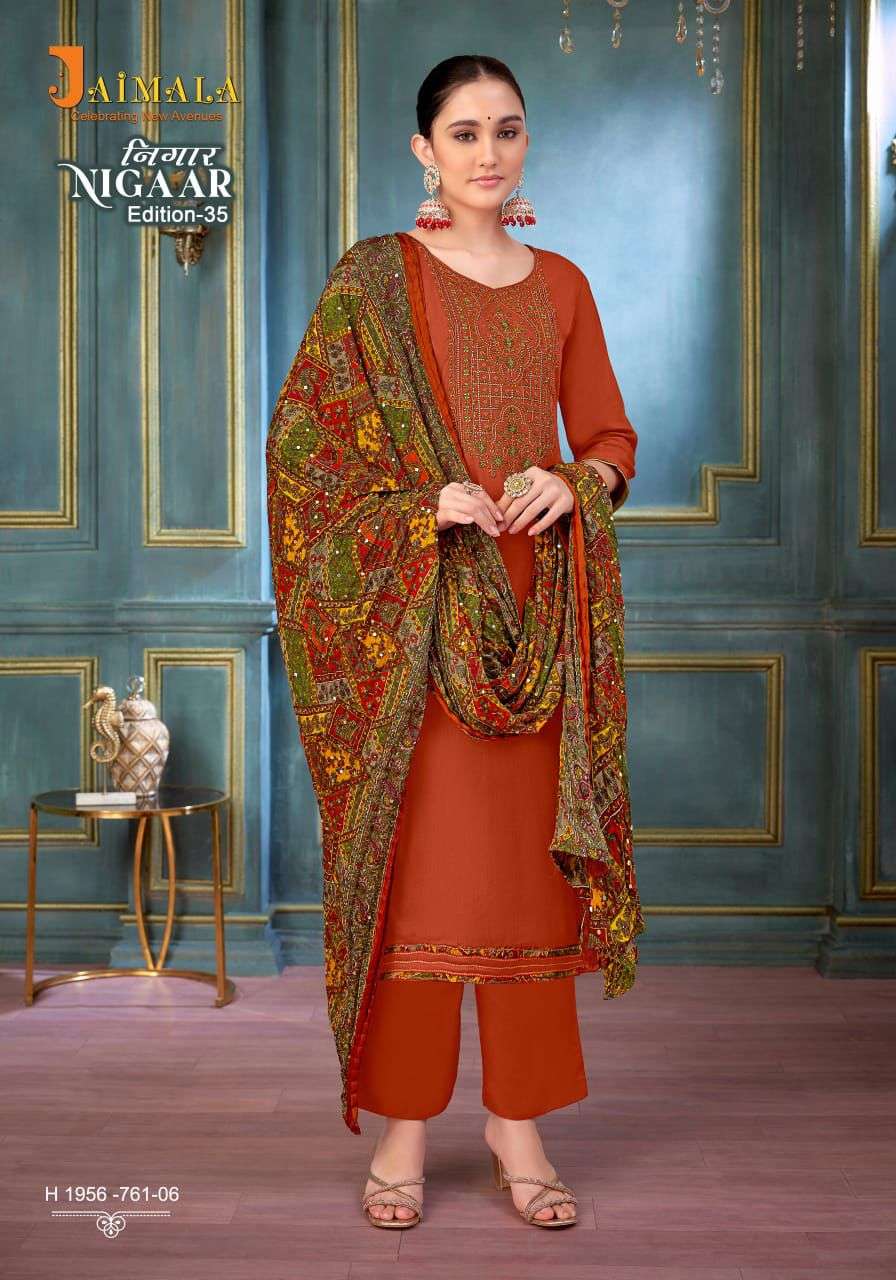 nigaar vol-35 by jaimala colors exclusive designer rayon salwar suits supplier surat