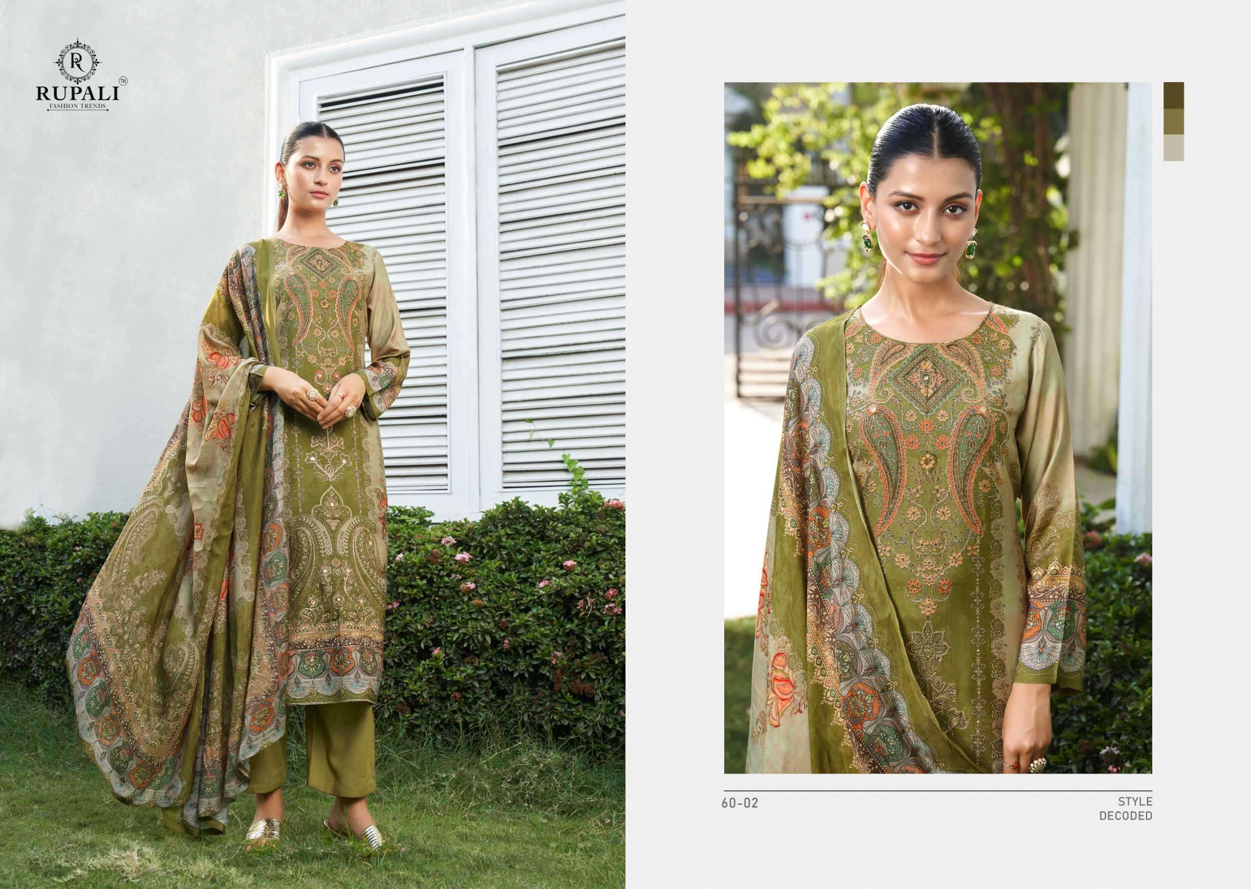 shalika by rupali fashion colors viscose muslin handwork with digital printed salwar kameez supplier surat