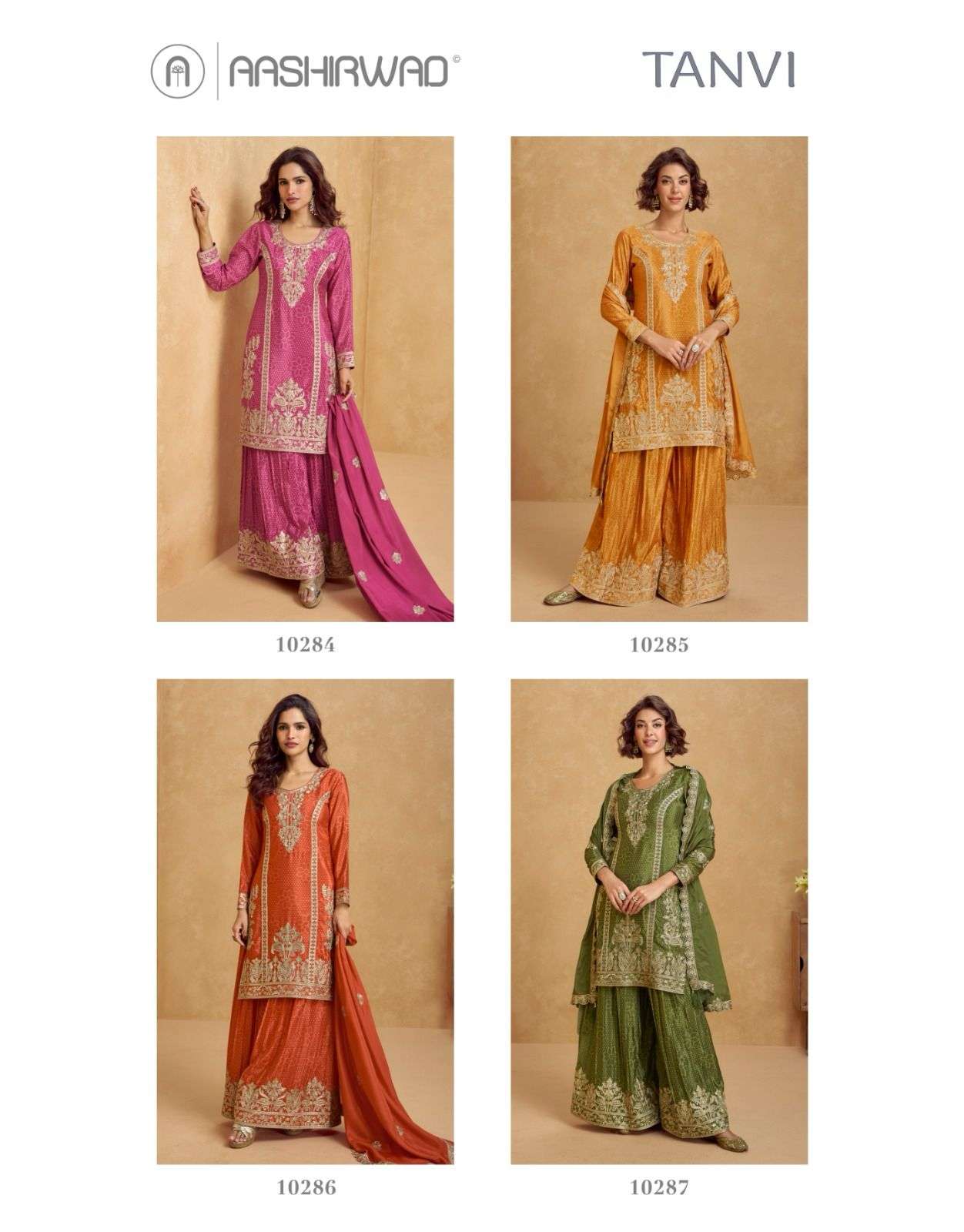  tanvi by aashirwad creation 10284-10287 series chinon silk fancy free size catalogue buy online dealer 