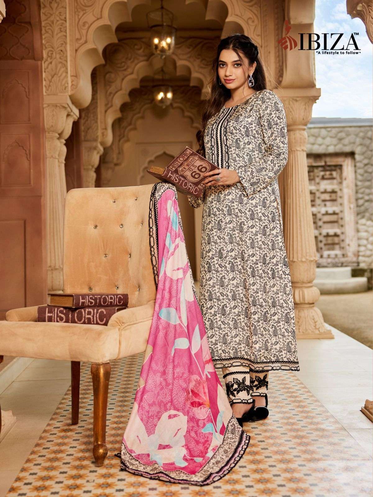 historic by ibiza colors exclusive embroidery work with digital printed muslin suit exporter surat
