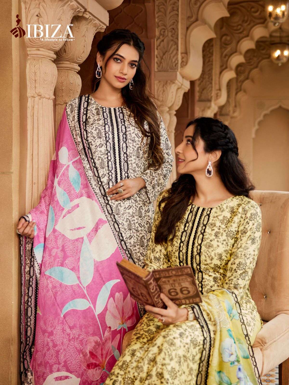 historic by ibiza colors exclusive embroidery work with digital printed muslin suit exporter surat