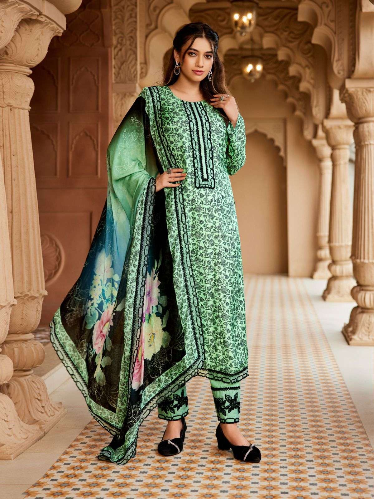historic by ibiza colors exclusive embroidery work with digital printed muslin suit exporter surat