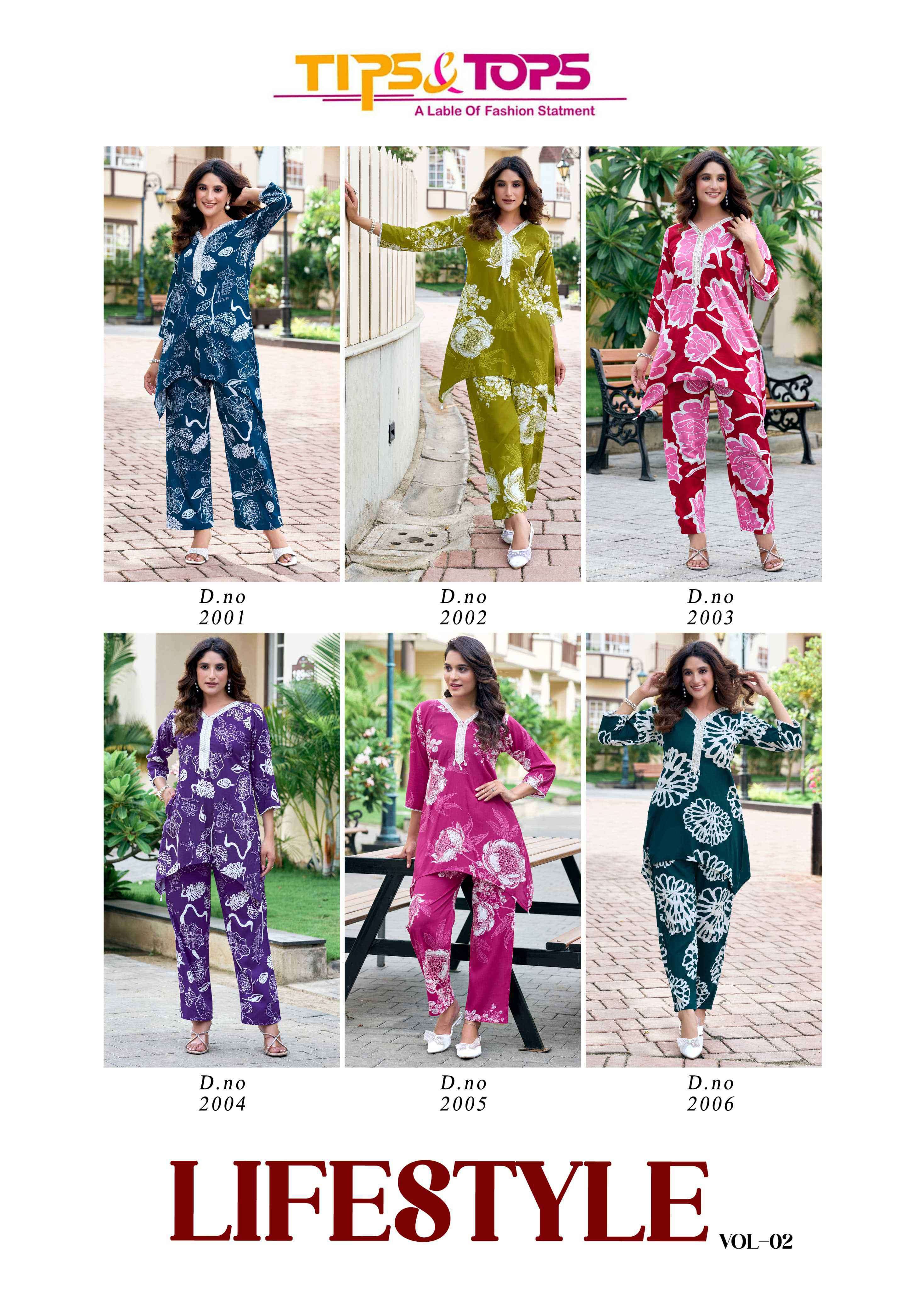 lifestyle vol-2 tips and tops colors casual wear rayon print cord set supplier surat