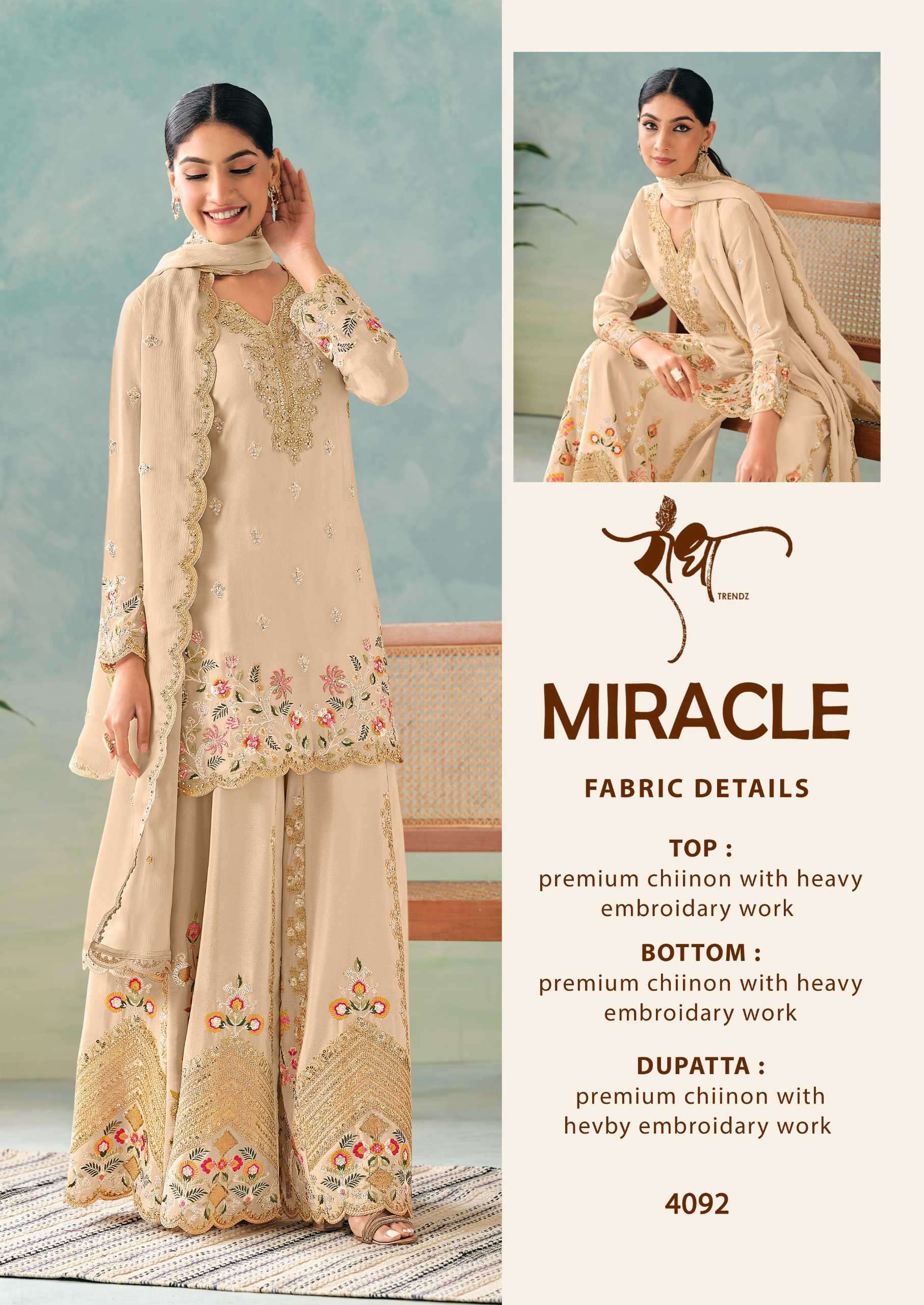 miracle by radha colors chinon embroidered  party wear plazo suit wholesaler surat