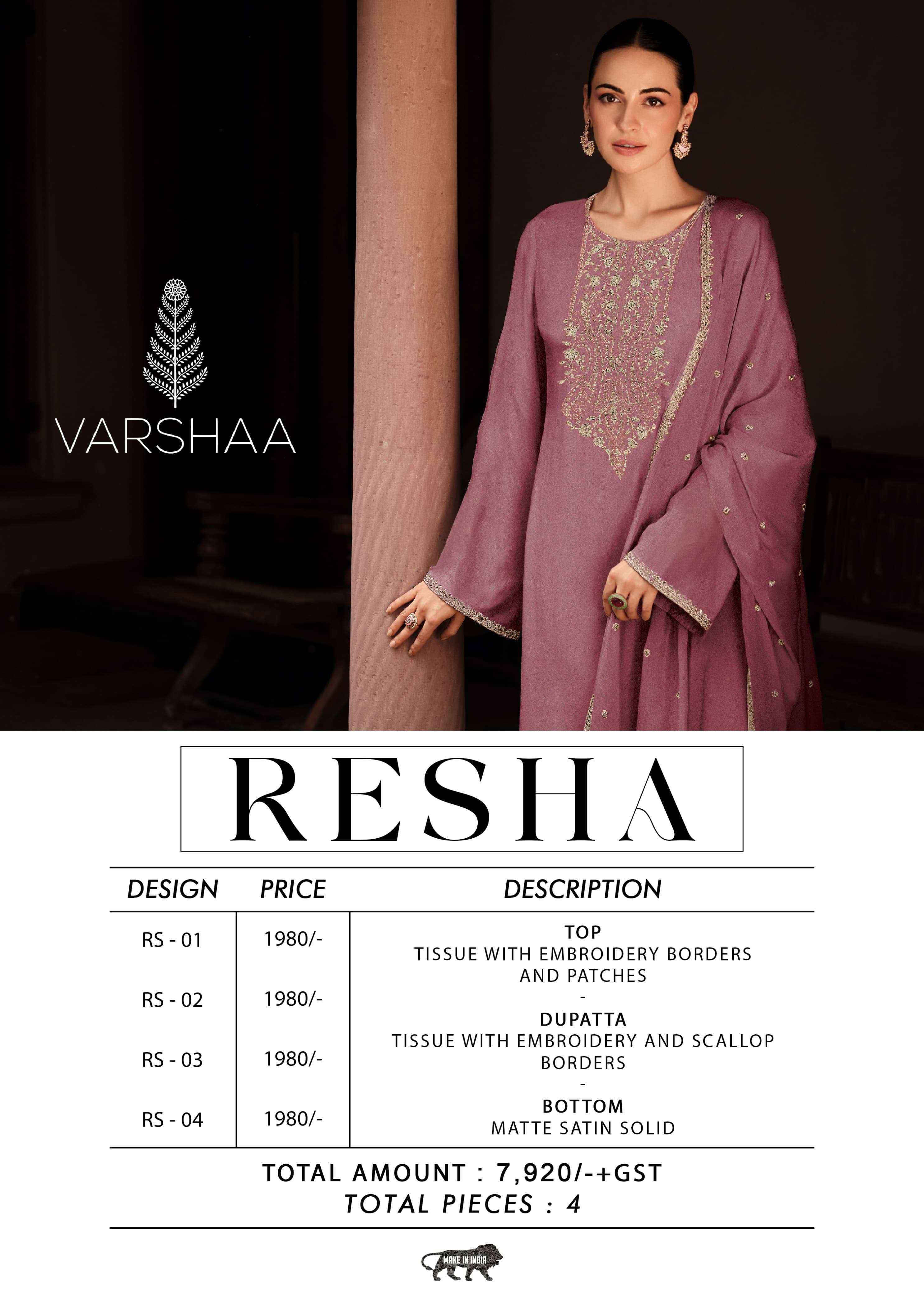 resha by varshaa colors exclusive embroidery work tissue salwar kameez dealer surat