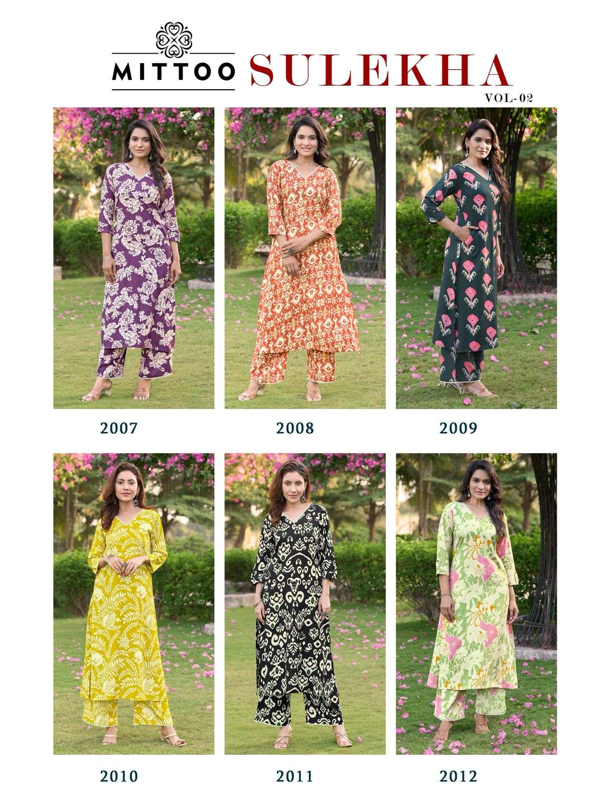 sulekha vol-2 by mittoo 1007-1012 series summer wear rayon print cord set supplier surat