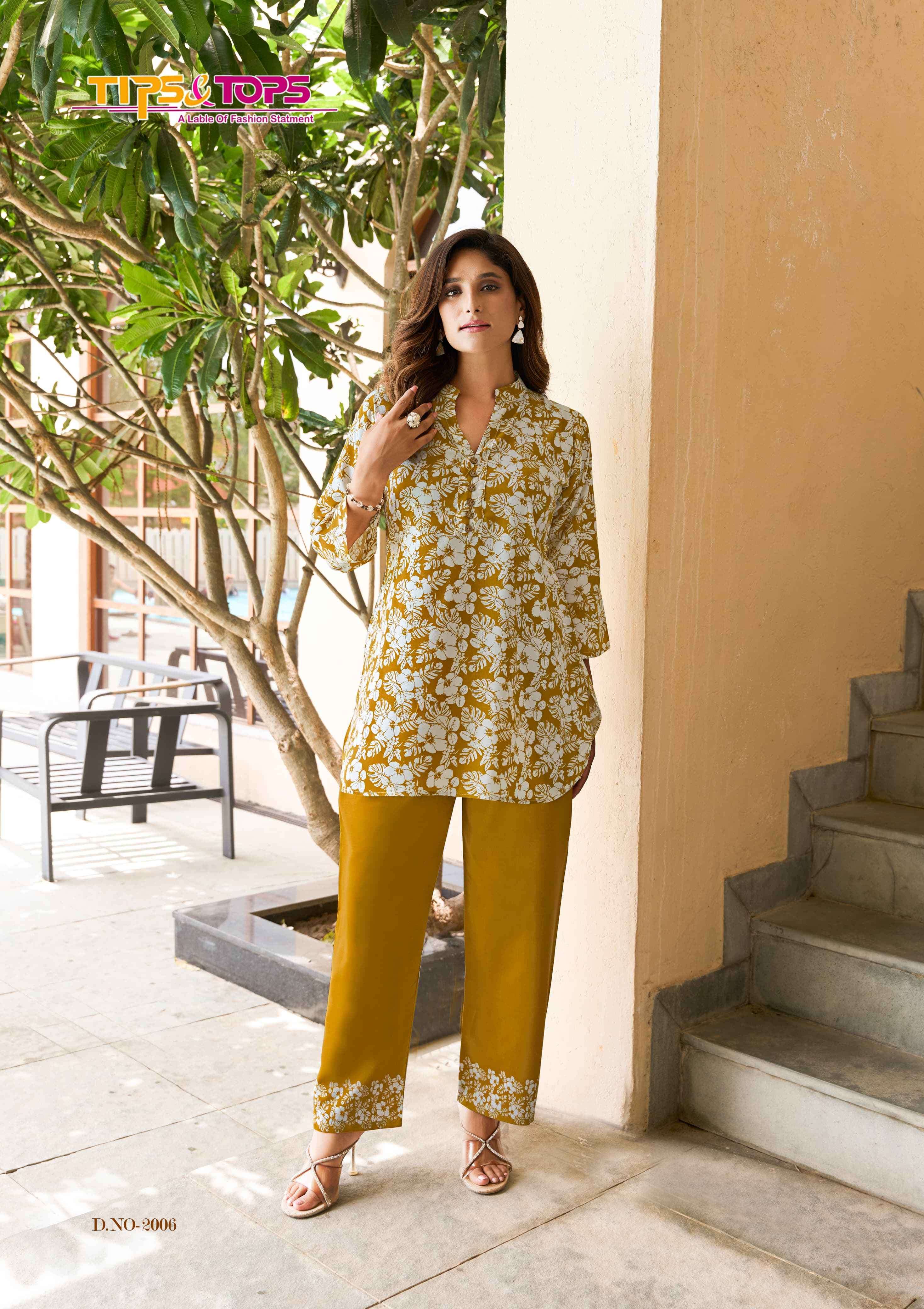 summer beauty vol-2 by tips&tops 2001-2006 series summer wear rayon print cord set supplier surat