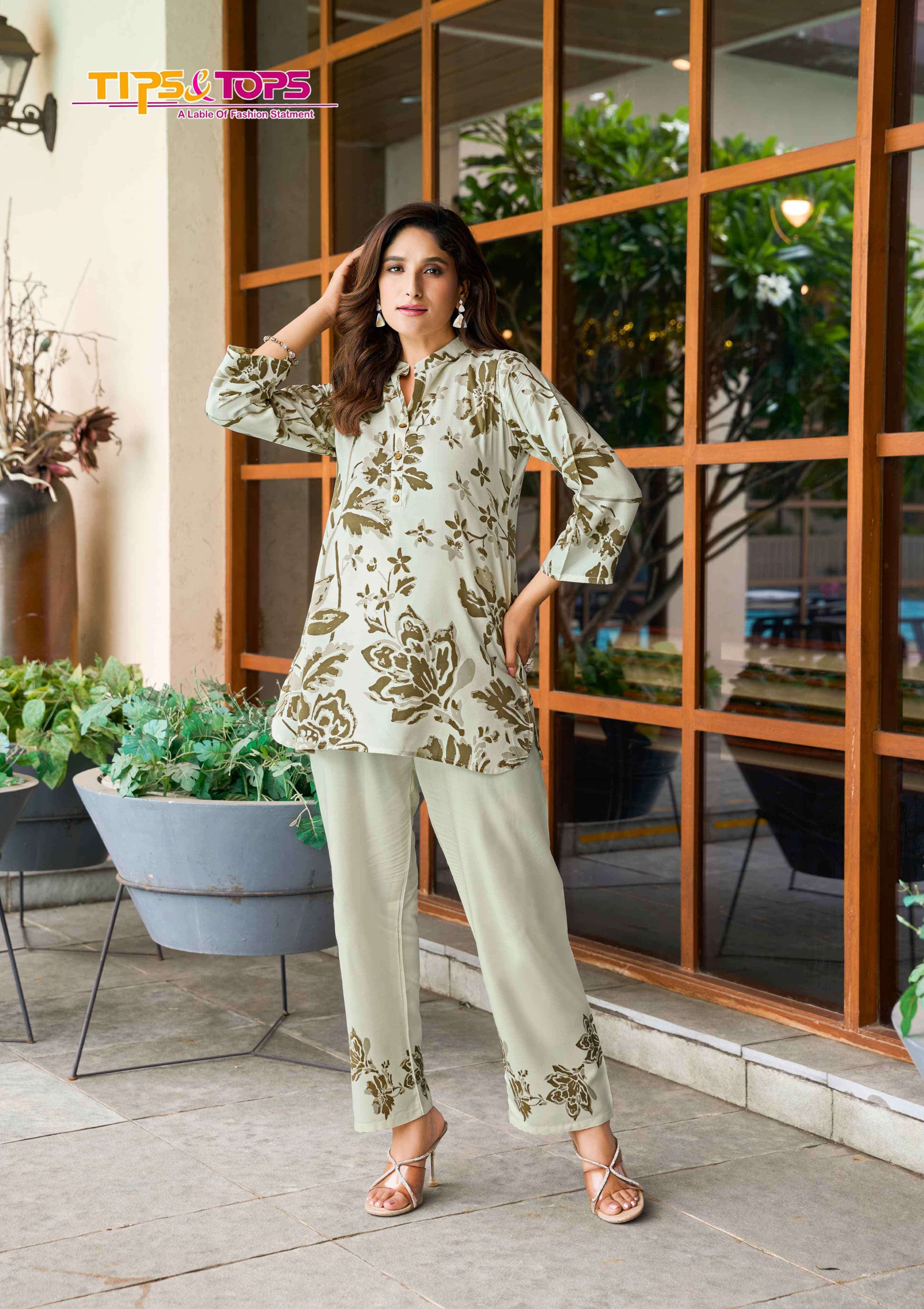 summer beauty vol-2 by tips&tops 2001-2006 series summer wear rayon print cord set supplier surat