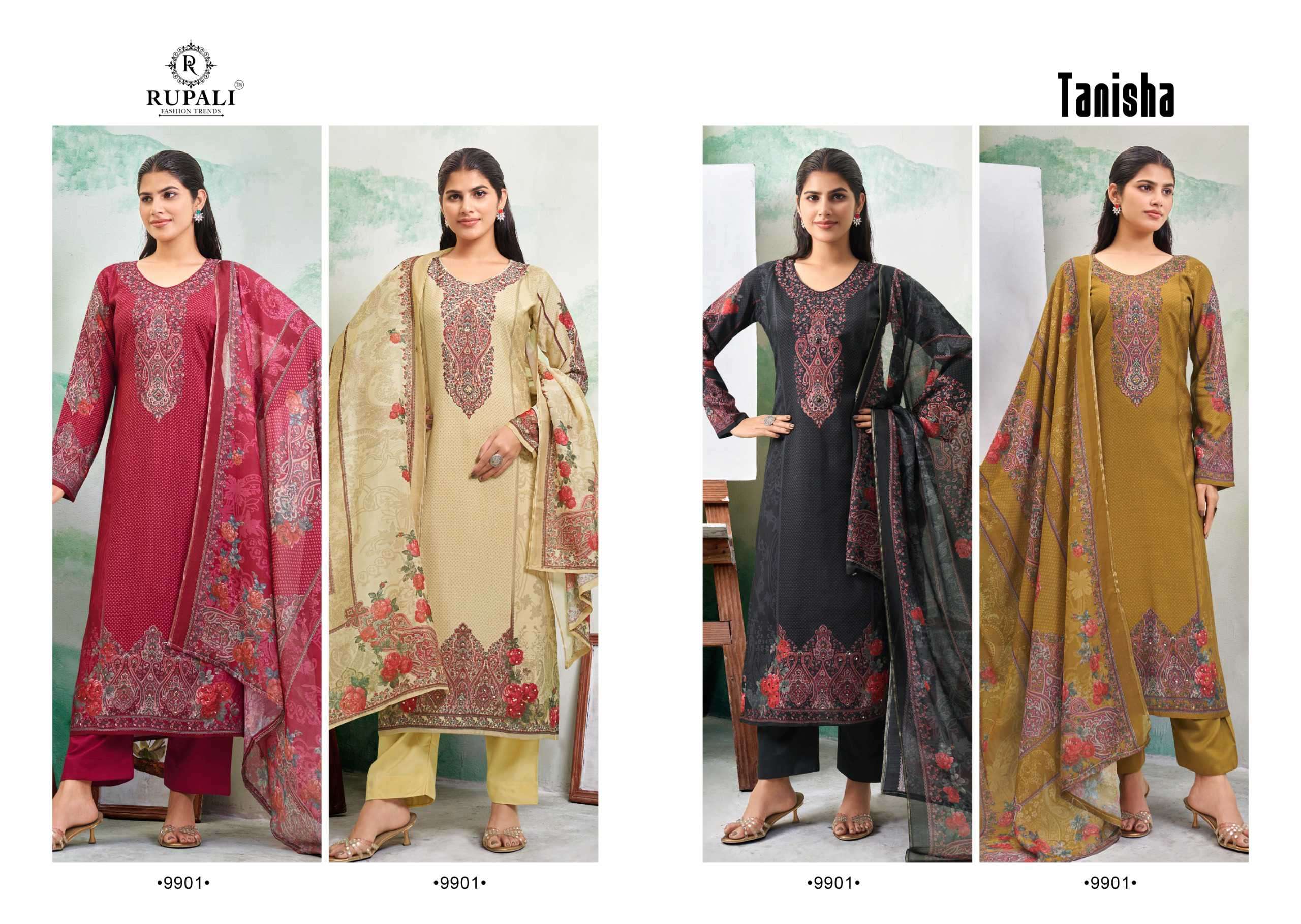 tanisha by rupali fashion colors viscose muslin print with heavy handwork suit exporter surat