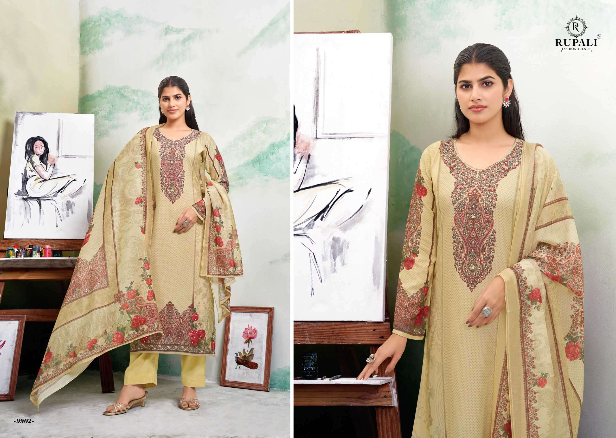 tanisha by rupali fashion colors viscose muslin print with heavy handwork suit exporter surat