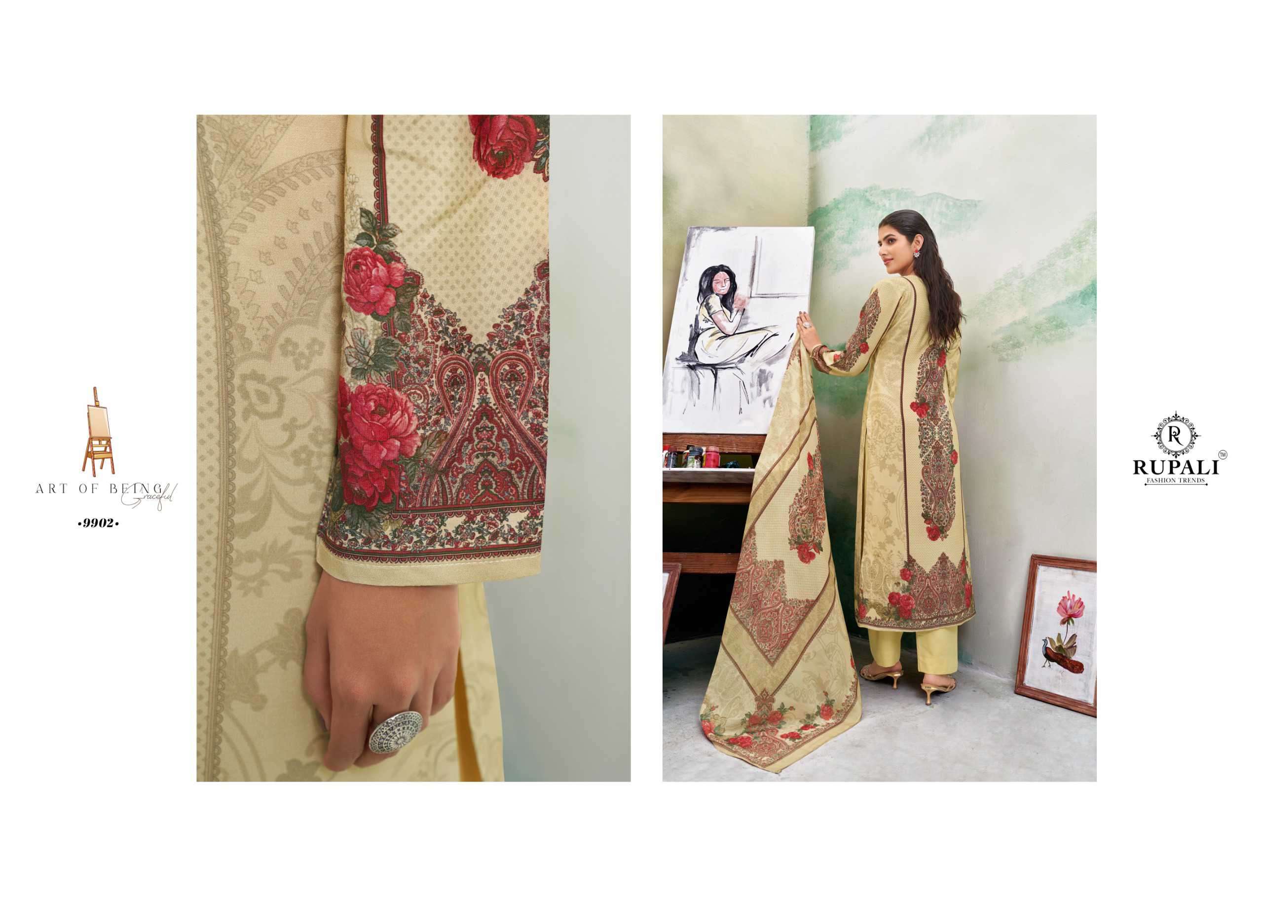 tanisha by rupali fashion colors viscose muslin print with heavy handwork suit exporter surat