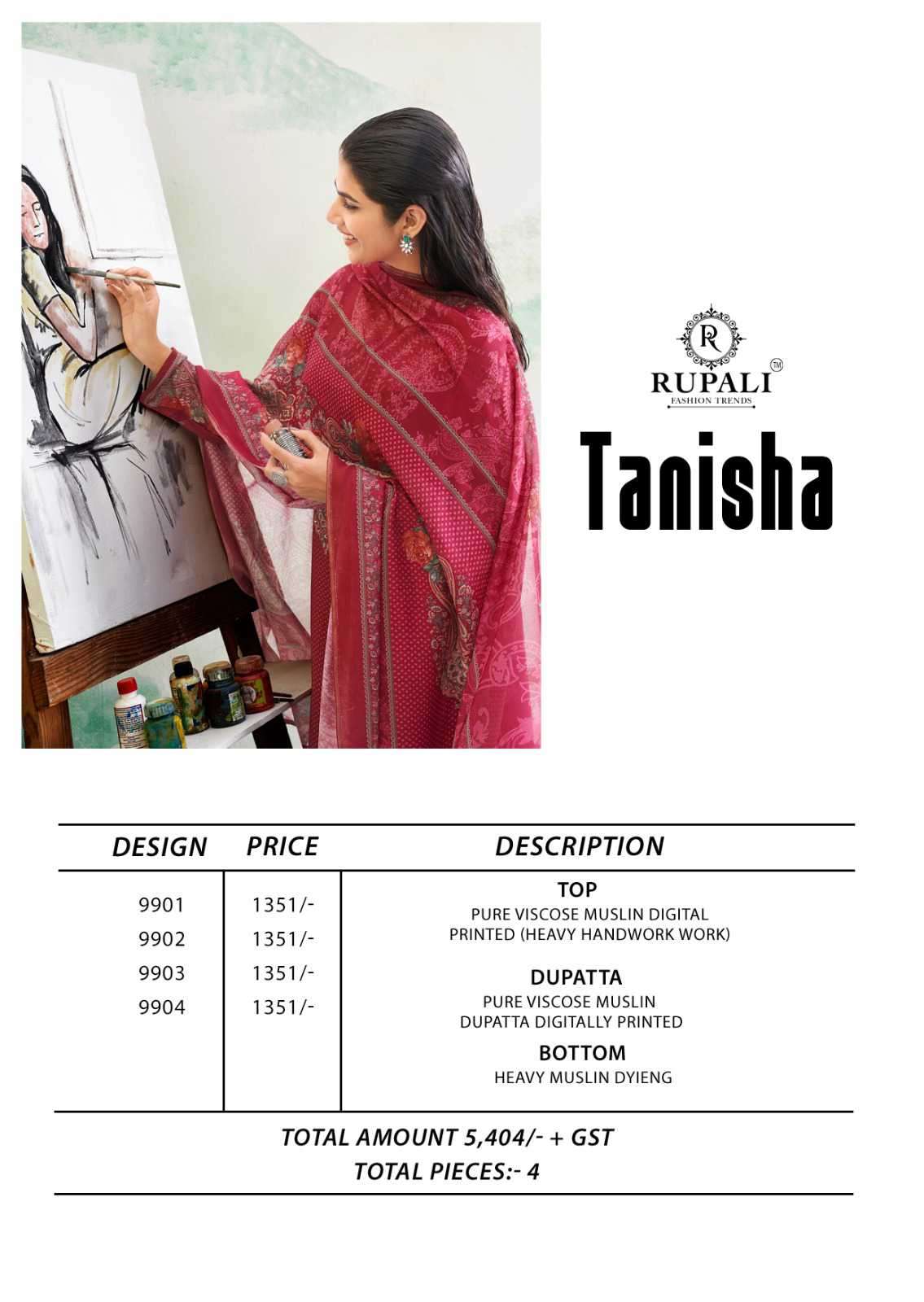 tanisha by rupali fashion colors viscose muslin print with heavy handwork suit exporter surat