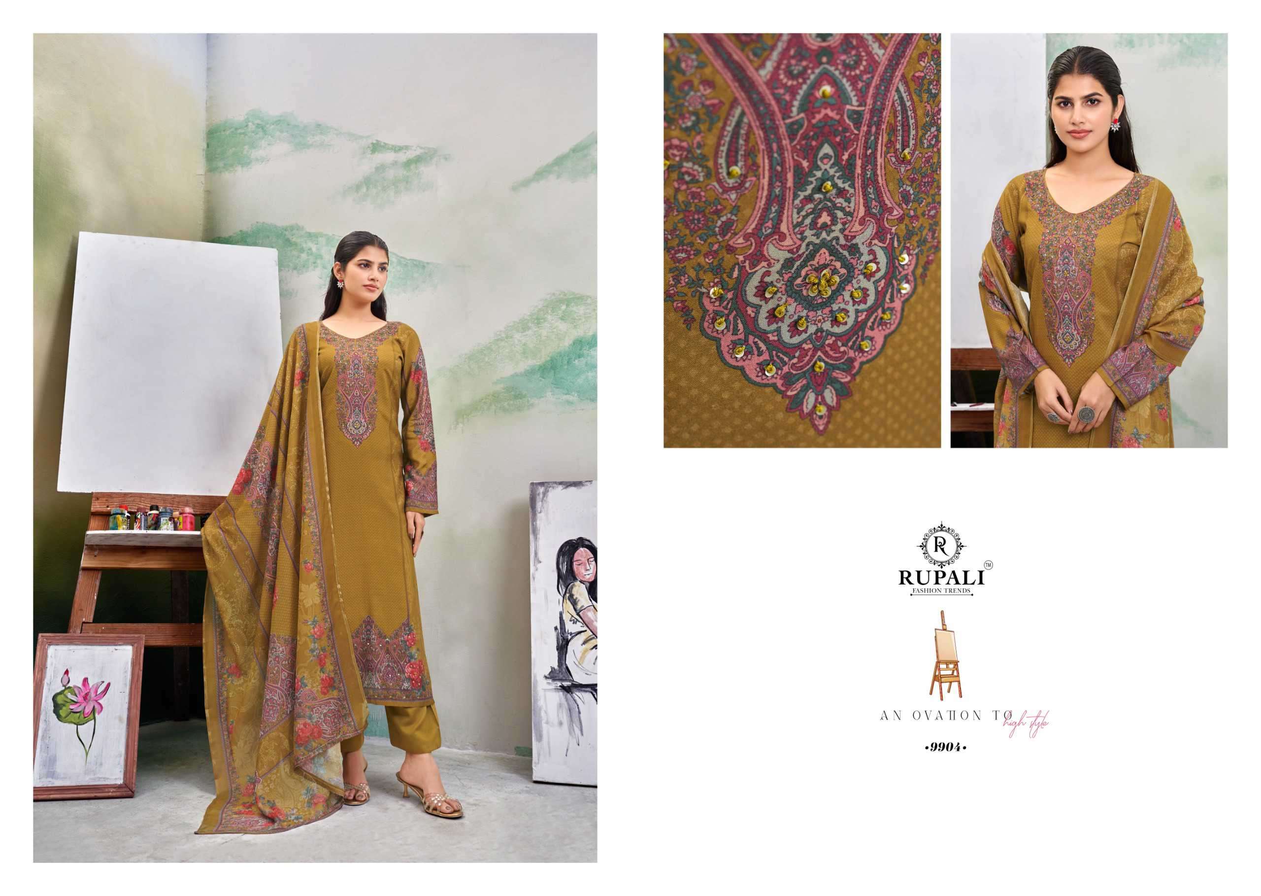 tanisha by rupali fashion colors viscose muslin print with heavy handwork suit exporter surat
