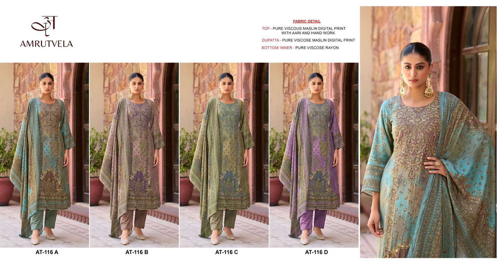 116 by amrutvela colors exclusive designer party wear viscose muslin suit wholesaler 