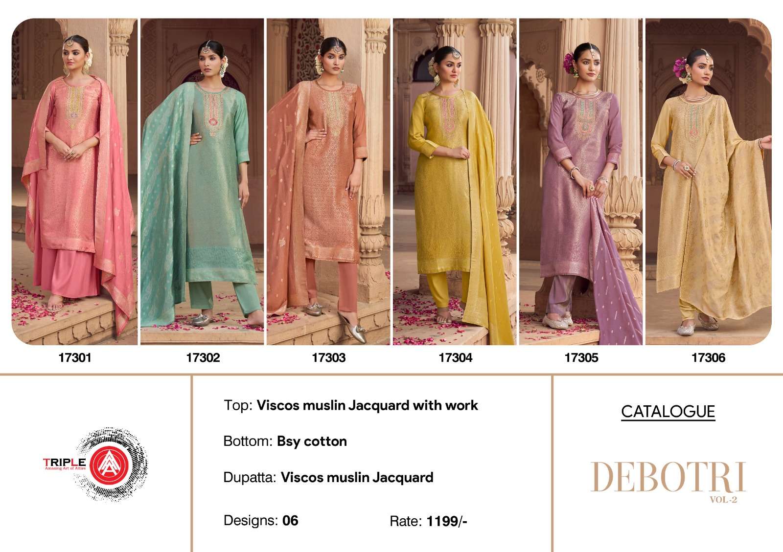 debotri vol-2 by triple a colors viscose muslin designer unstitched suit supplier 