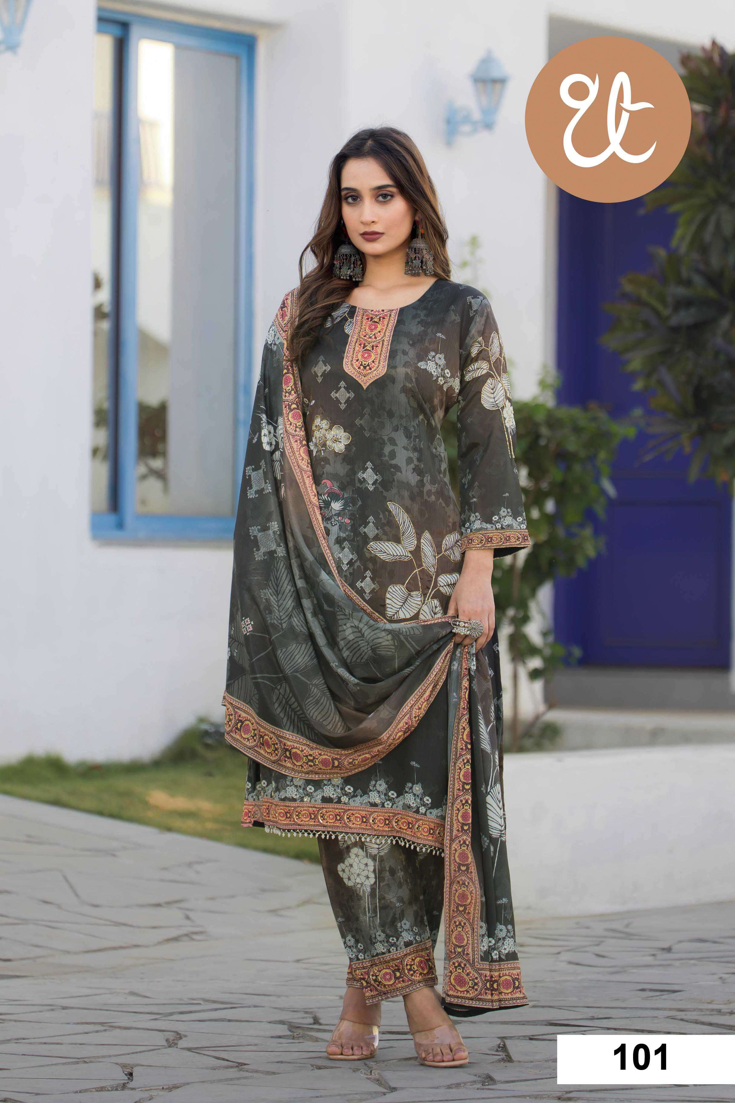 design no 101-104 by threadthrill colors fancy digital print with handwork salwar suit wholesaler 