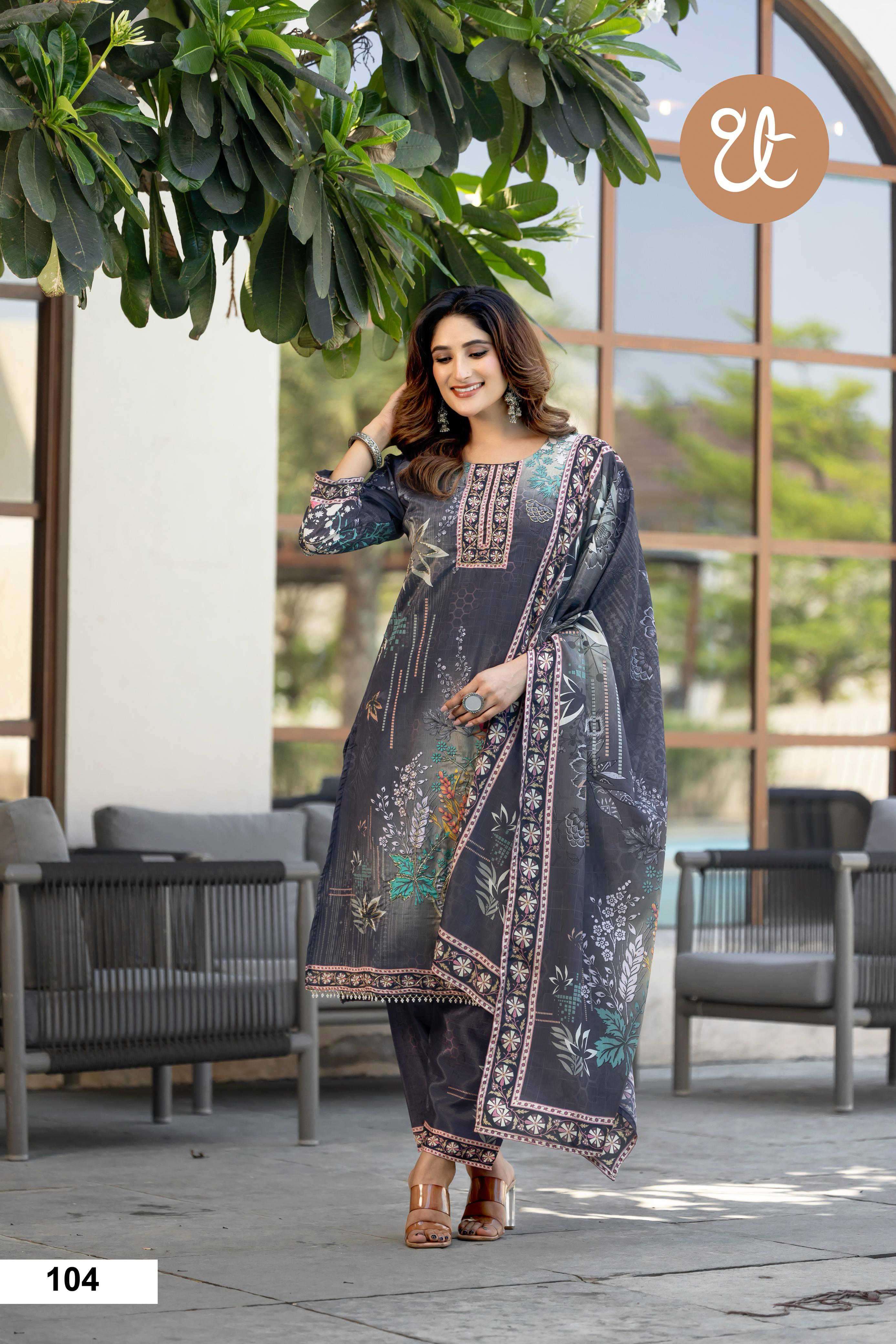 design no 101-104 by threadthrill colors fancy digital print with handwork salwar suit wholesaler 