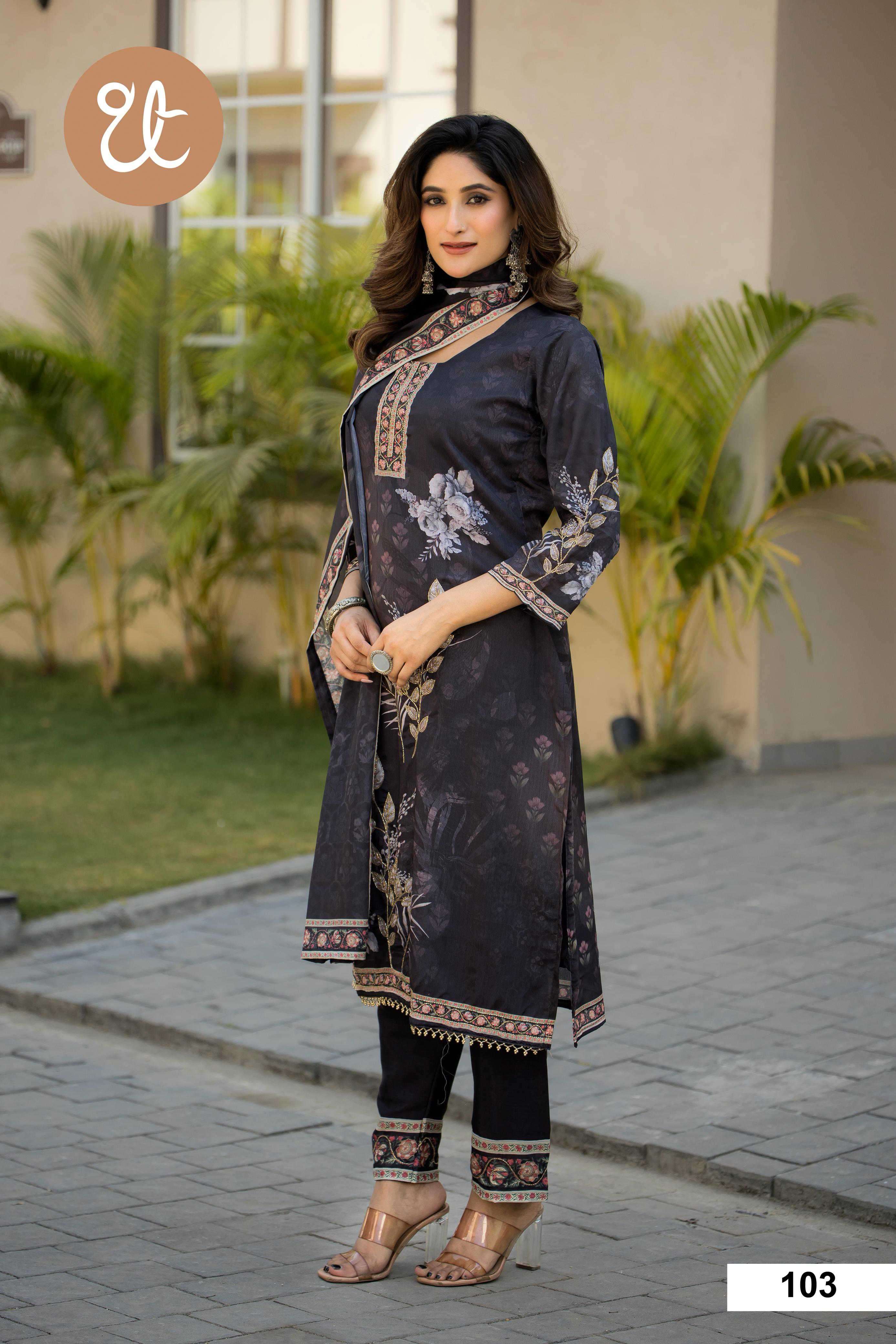 design no 101-104 by threadthrill colors fancy digital print with handwork salwar suit wholesaler 