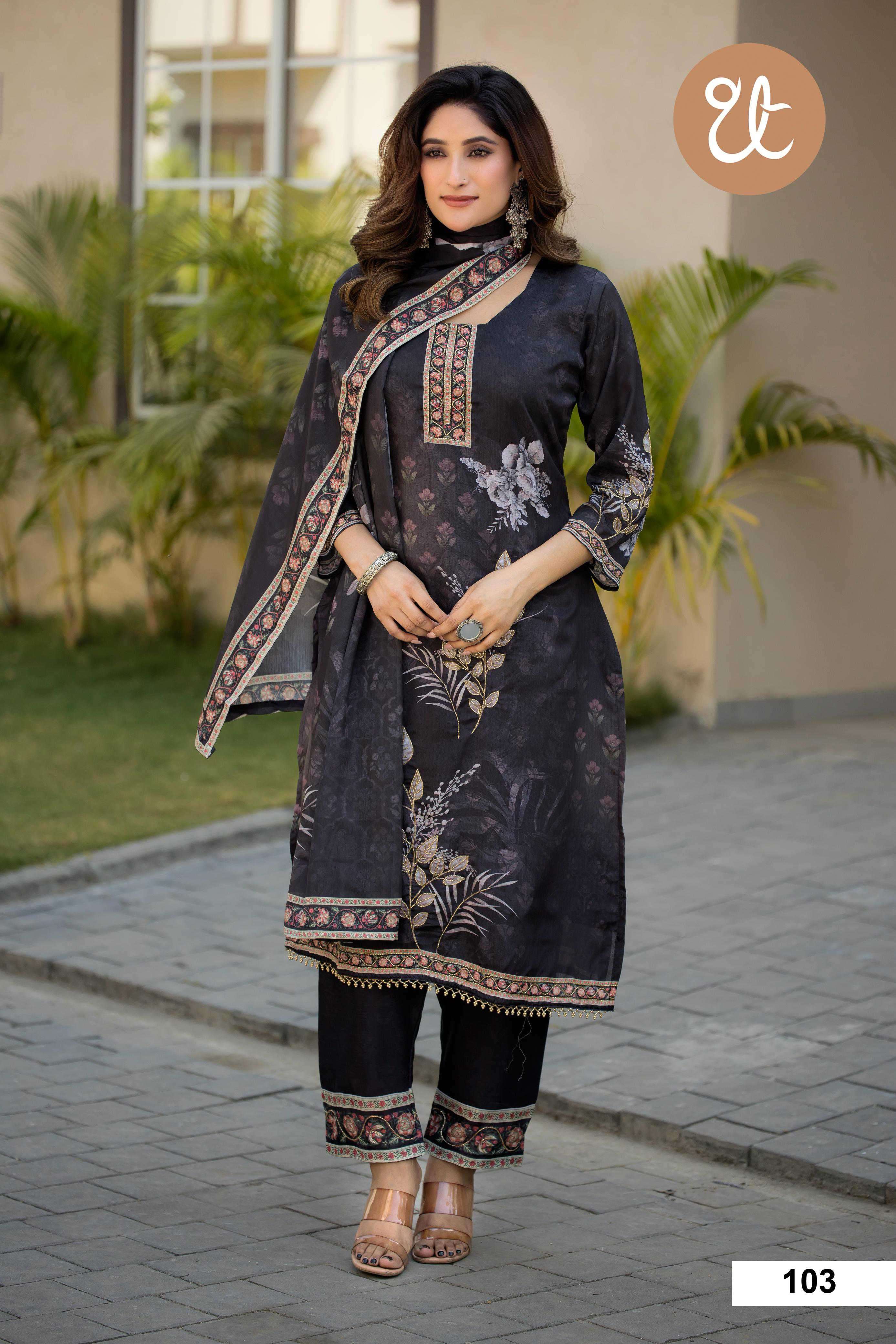 design no 101-104 by threadthrill colors fancy digital print with handwork salwar suit wholesaler 