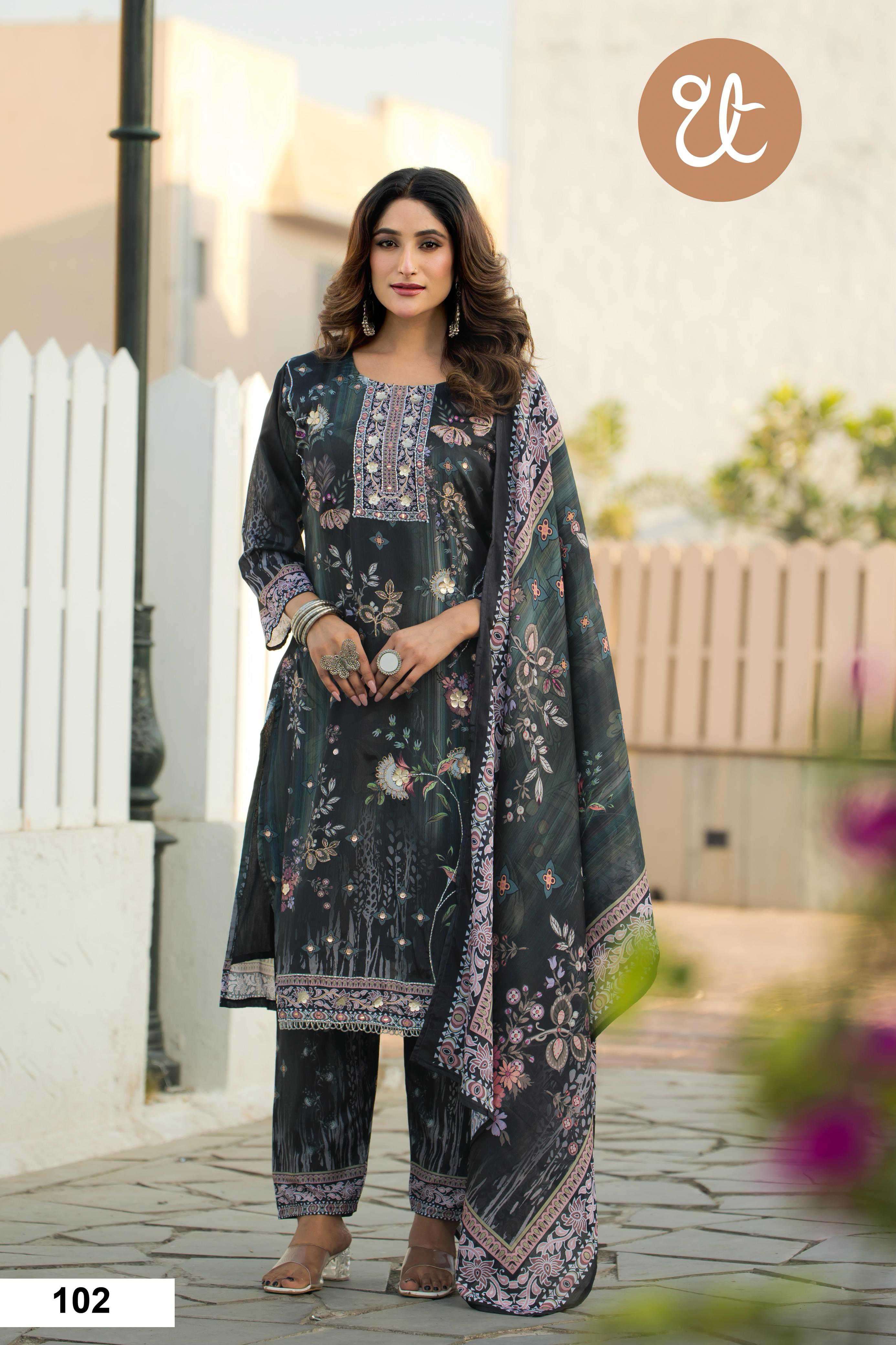 design no 101-104 by threadthrill colors fancy digital print with handwork salwar suit wholesaler 