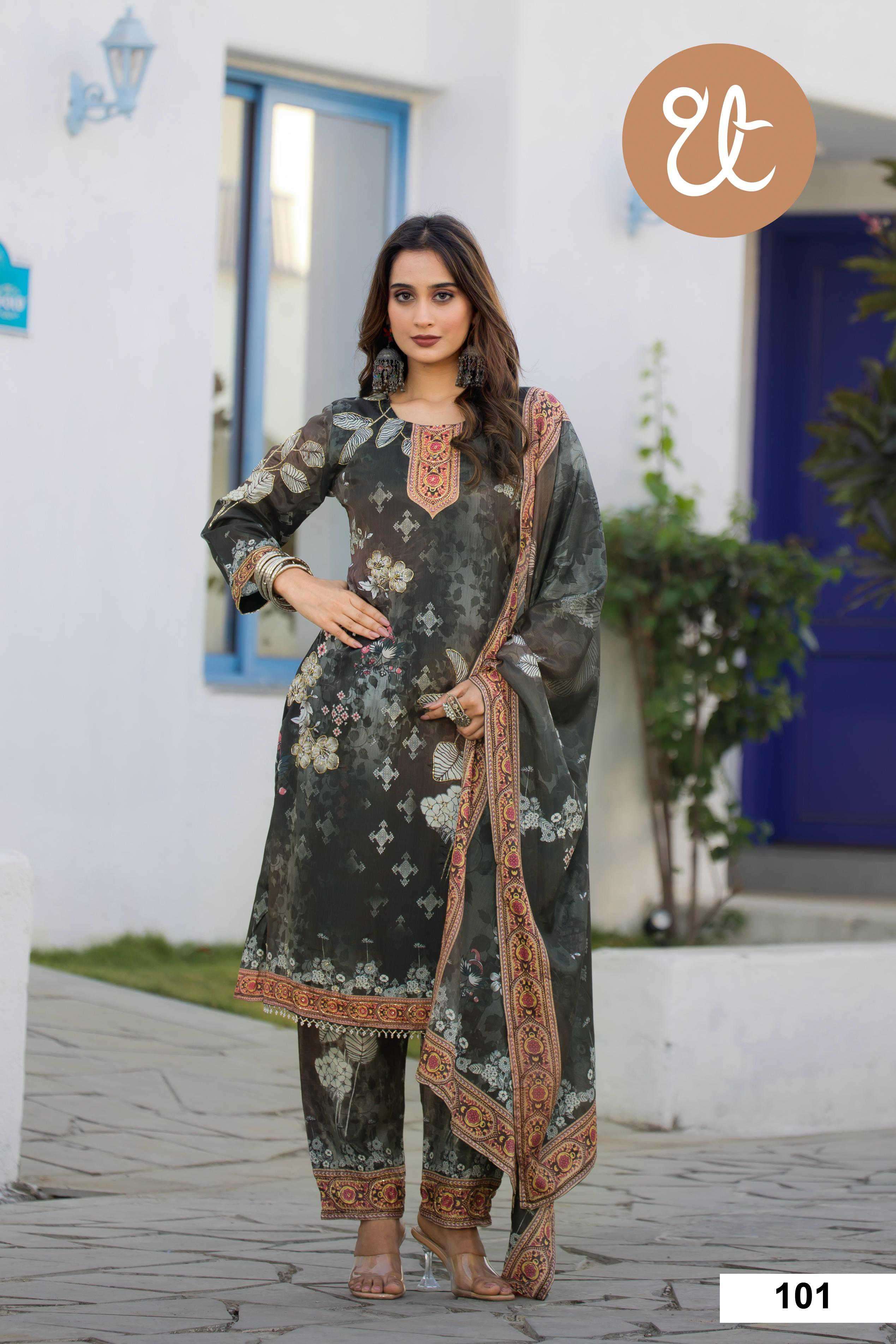 design no 101-104 by threadthrill colors fancy digital print with handwork salwar suit wholesaler 