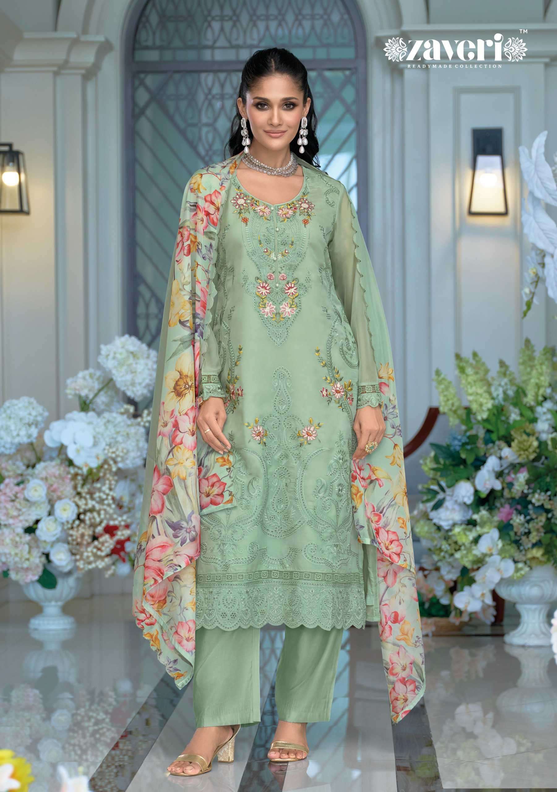 erina by zaveri colors exclusive designer party wear organza readymade suit supplier 