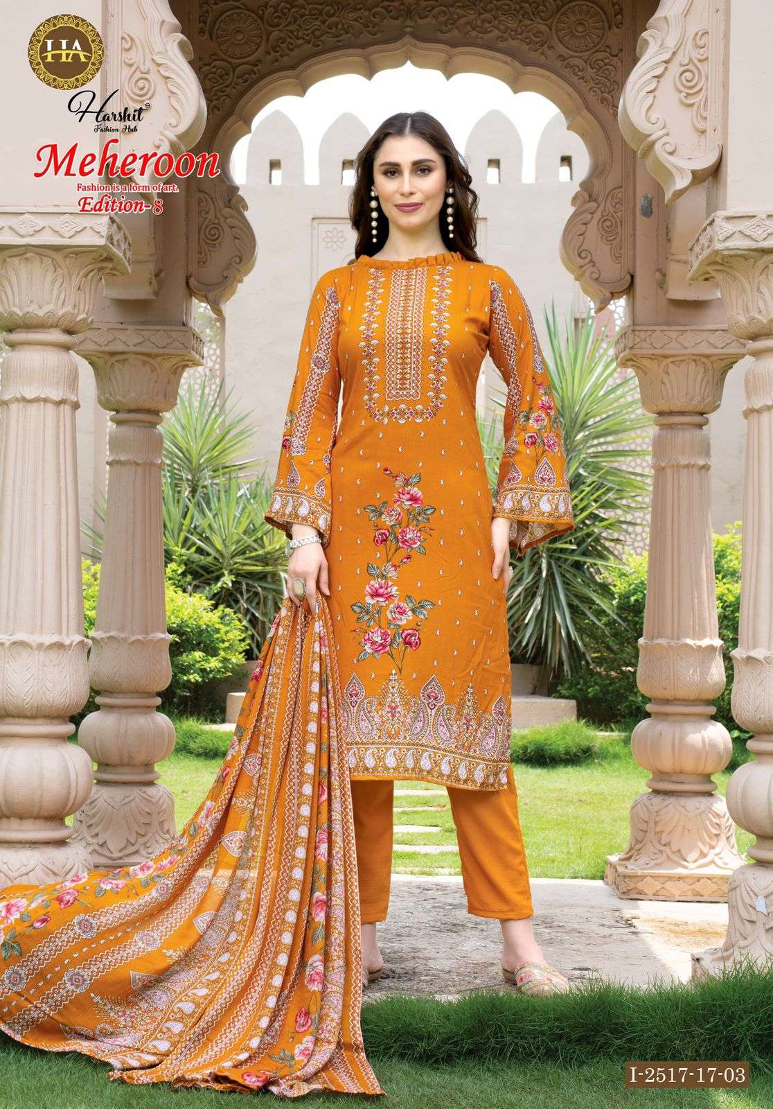 meheroon vol-8 by harshit colors exclusive print with heavy handwork suit wholesaler 