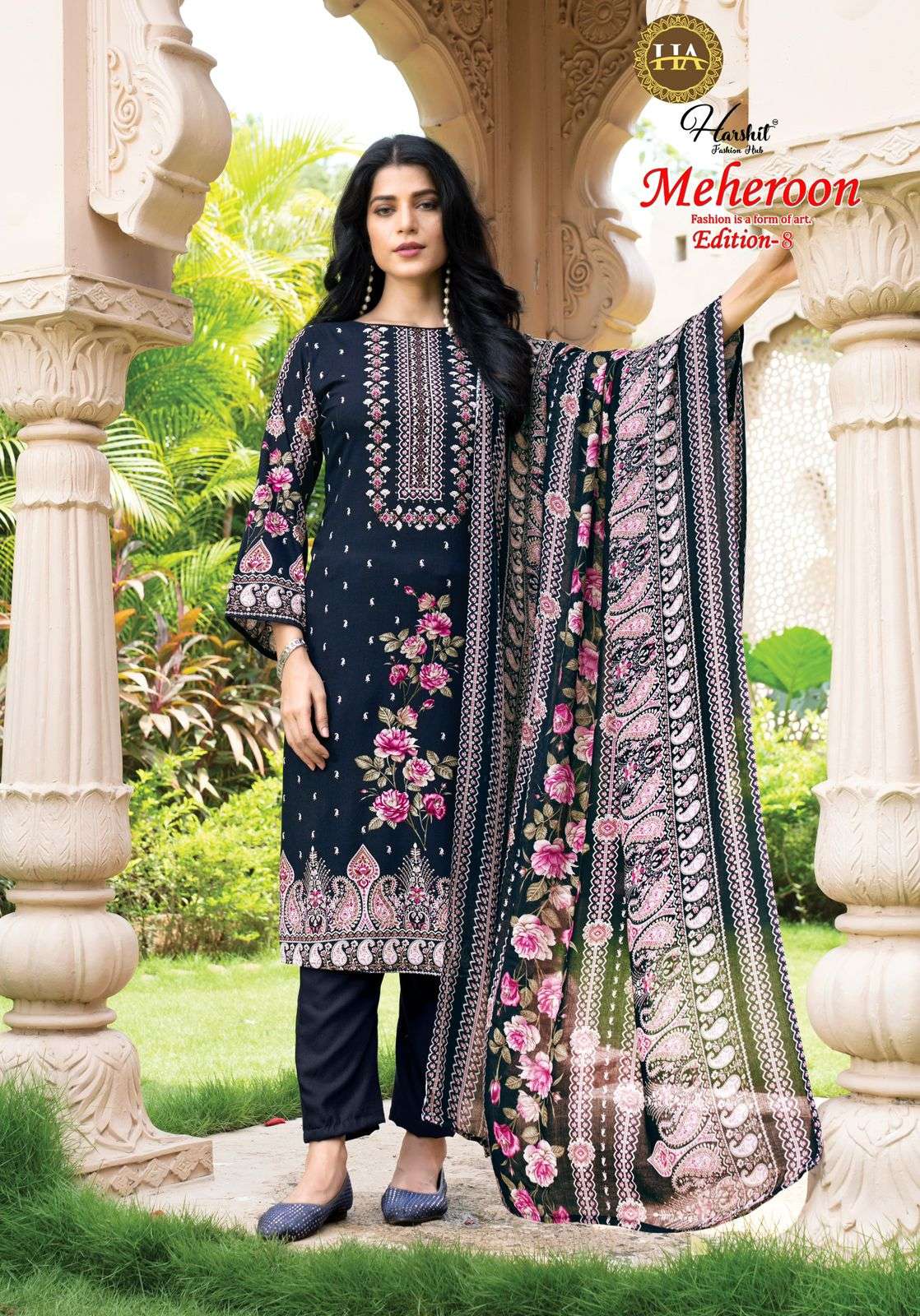 meheroon vol-8 by harshit colors exclusive print with heavy handwork suit wholesaler 
