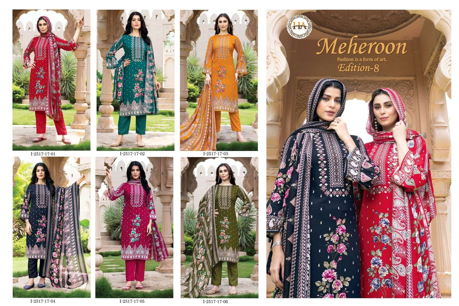 meheroon vol-8 by harshit colors exclusive print with heavy handwork suit wholesaler 