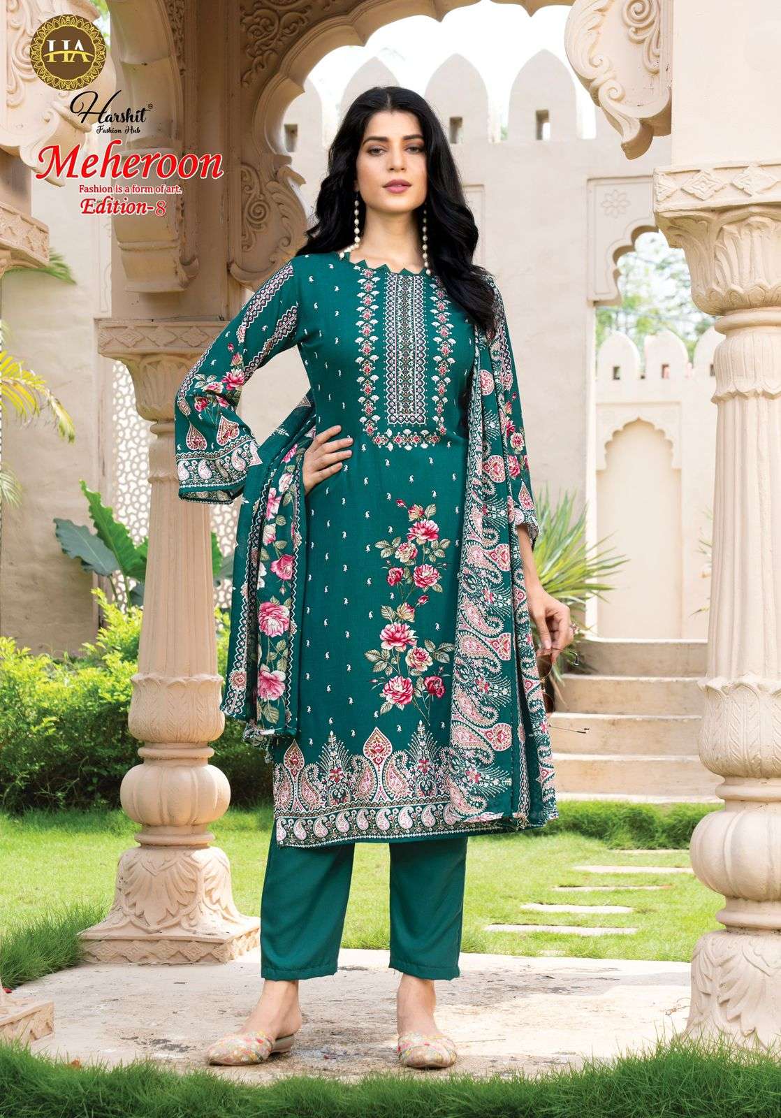 meheroon vol-8 by harshit colors exclusive print with heavy handwork suit wholesaler 