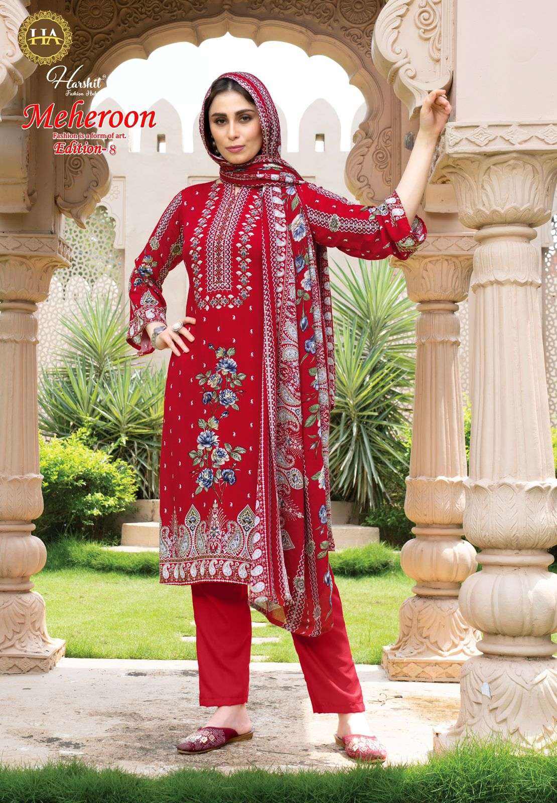meheroon vol-8 by harshit colors exclusive print with heavy handwork suit wholesaler 