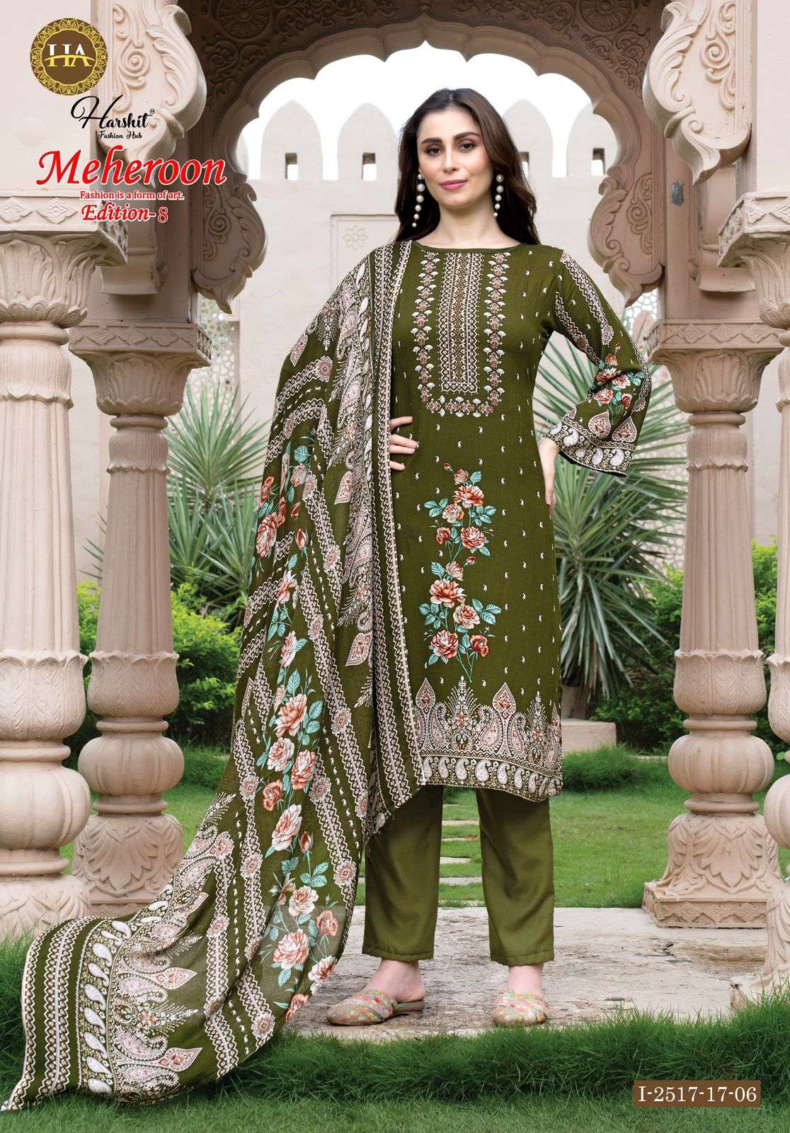 meheroon vol-8 by harshit colors exclusive print with heavy handwork suit wholesaler 