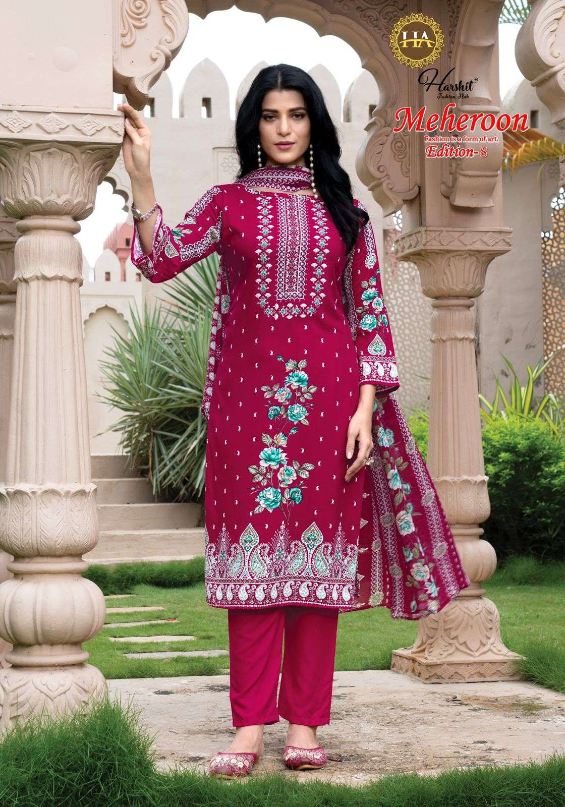 meheroon vol-8 by harshit colors exclusive print with heavy handwork suit wholesaler 