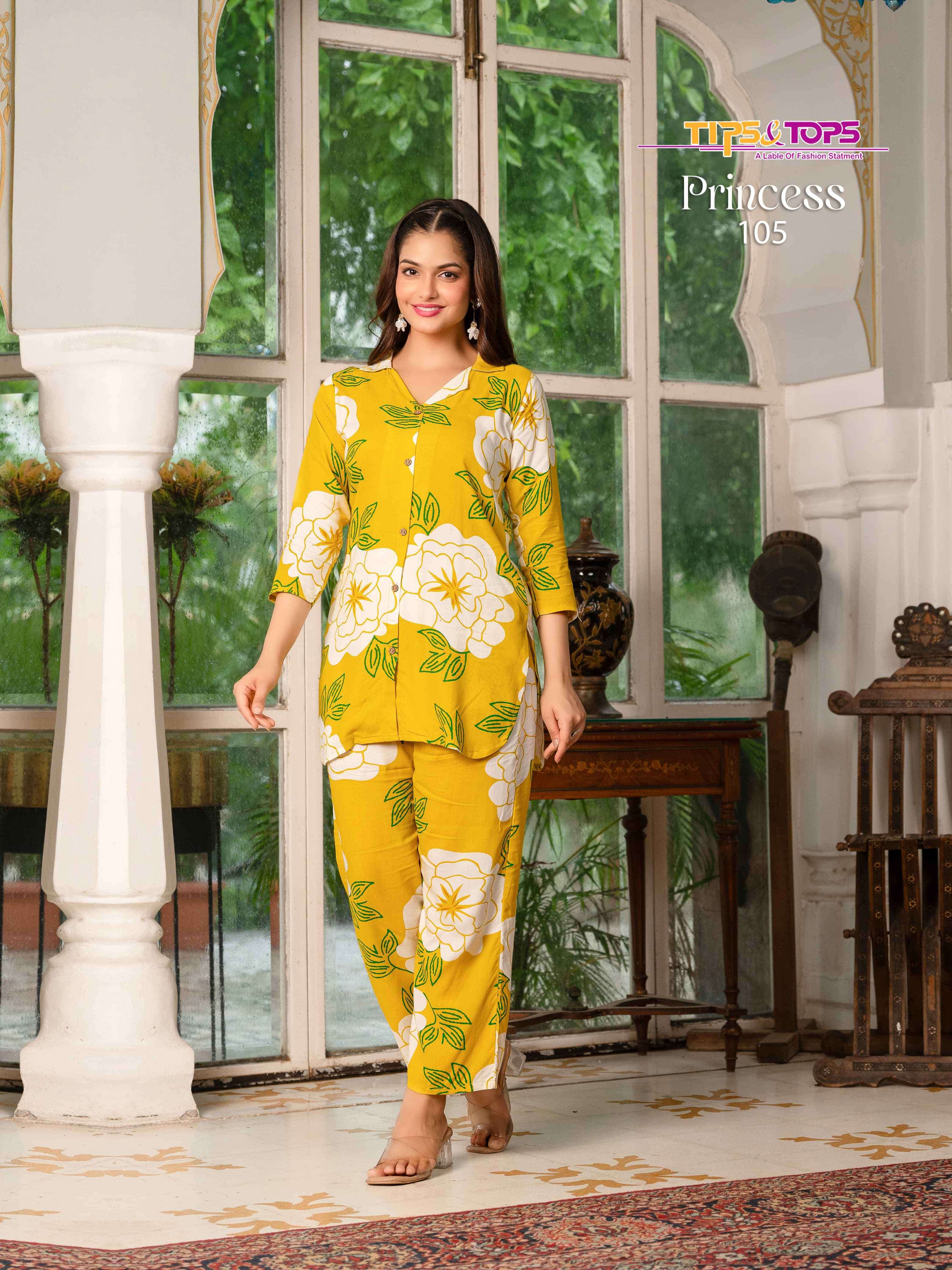 princess by tips&tops rayon with fancy printed cord set wholesale dealer surat