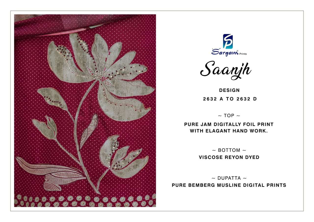 saanjh by sargam prints colors pure jam with digital foil printed salwar suit wholesaler 