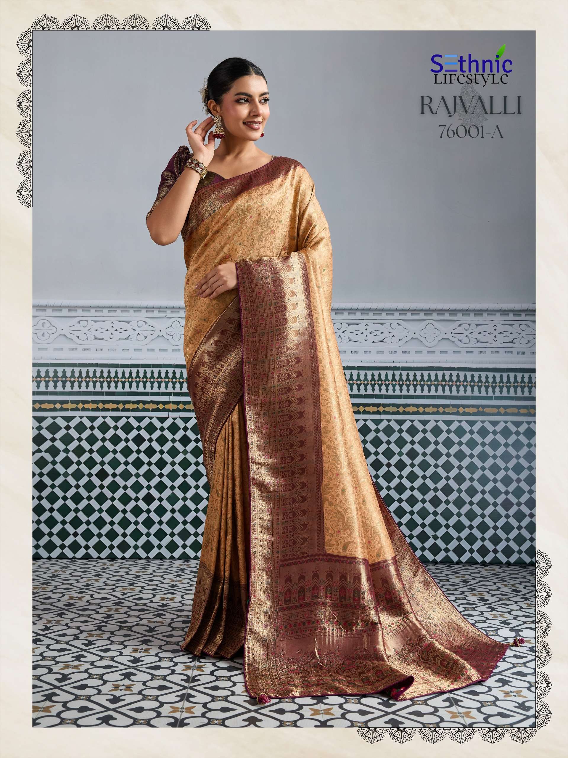 sethnic lifestyle rajvalli kajivaram gold 76001 colour edition party wear soft zari kajivaram silk saree wholesale best rate catalogue 